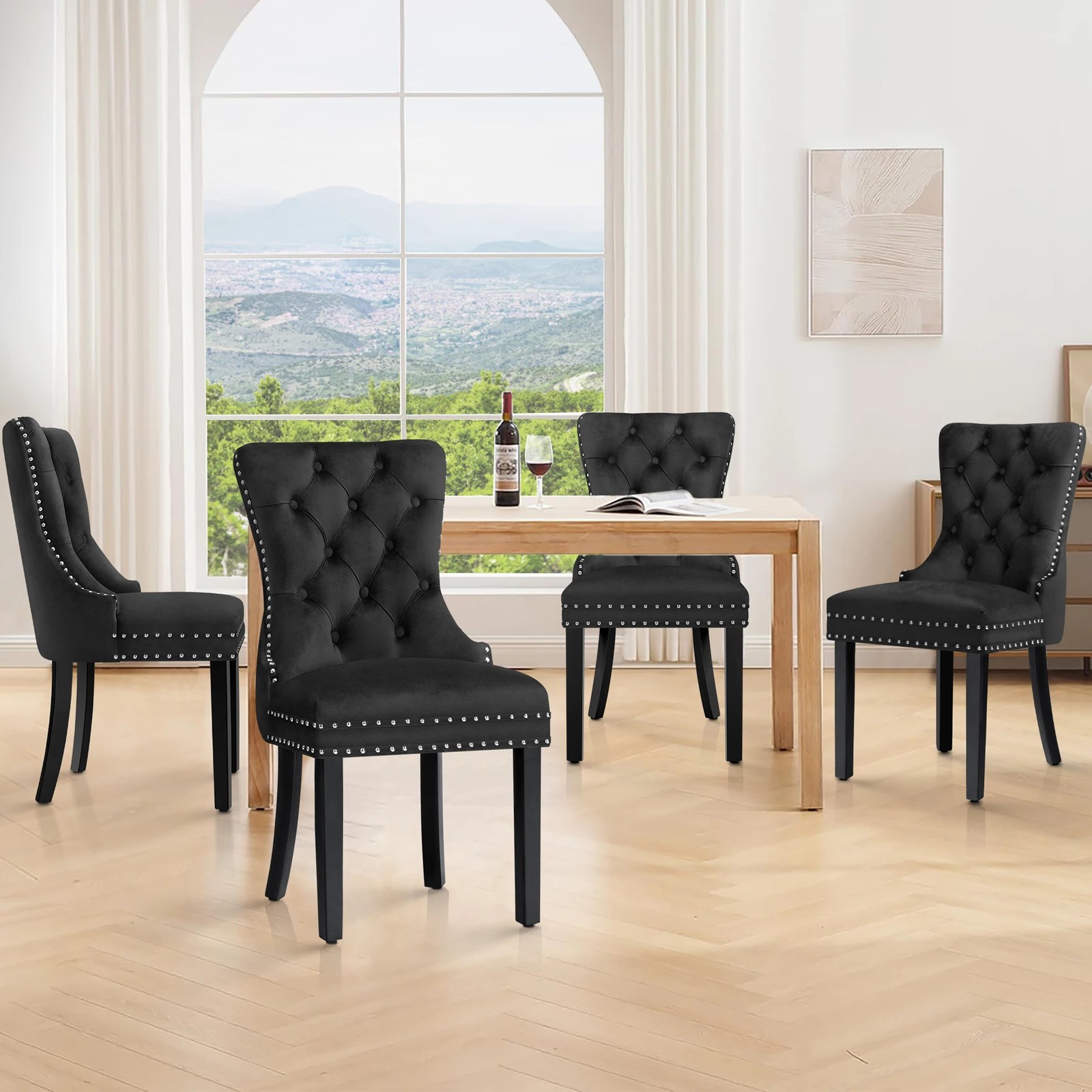 9 Alfordson 2x Dining Chair Kitchen Lounge Retro Button Tufted Wooden Velvet - Black, 9 of 10