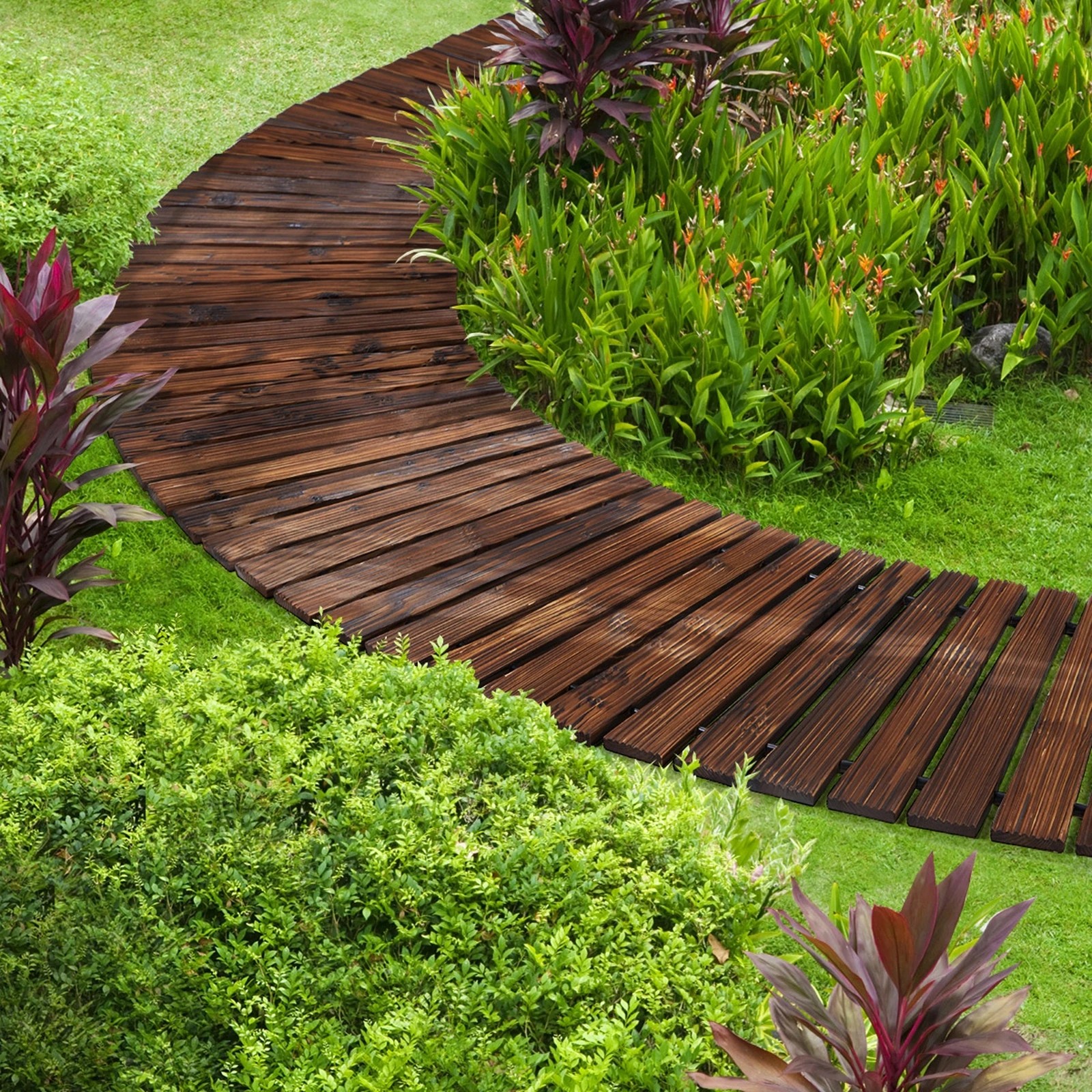 5 Livsip Garden Wooden Pathway 8ft Roll-Out Curved Wood Walkway Backyard Outdoor - Charcoal, 5 of 9