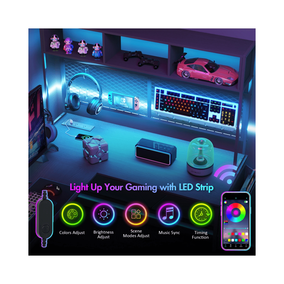 3 Advwin 170cm L Shaped Gaming Desk With Led Lights & Power Outlets Reversible Storage Shelf Computer Corner Desk Black, 3 of 10