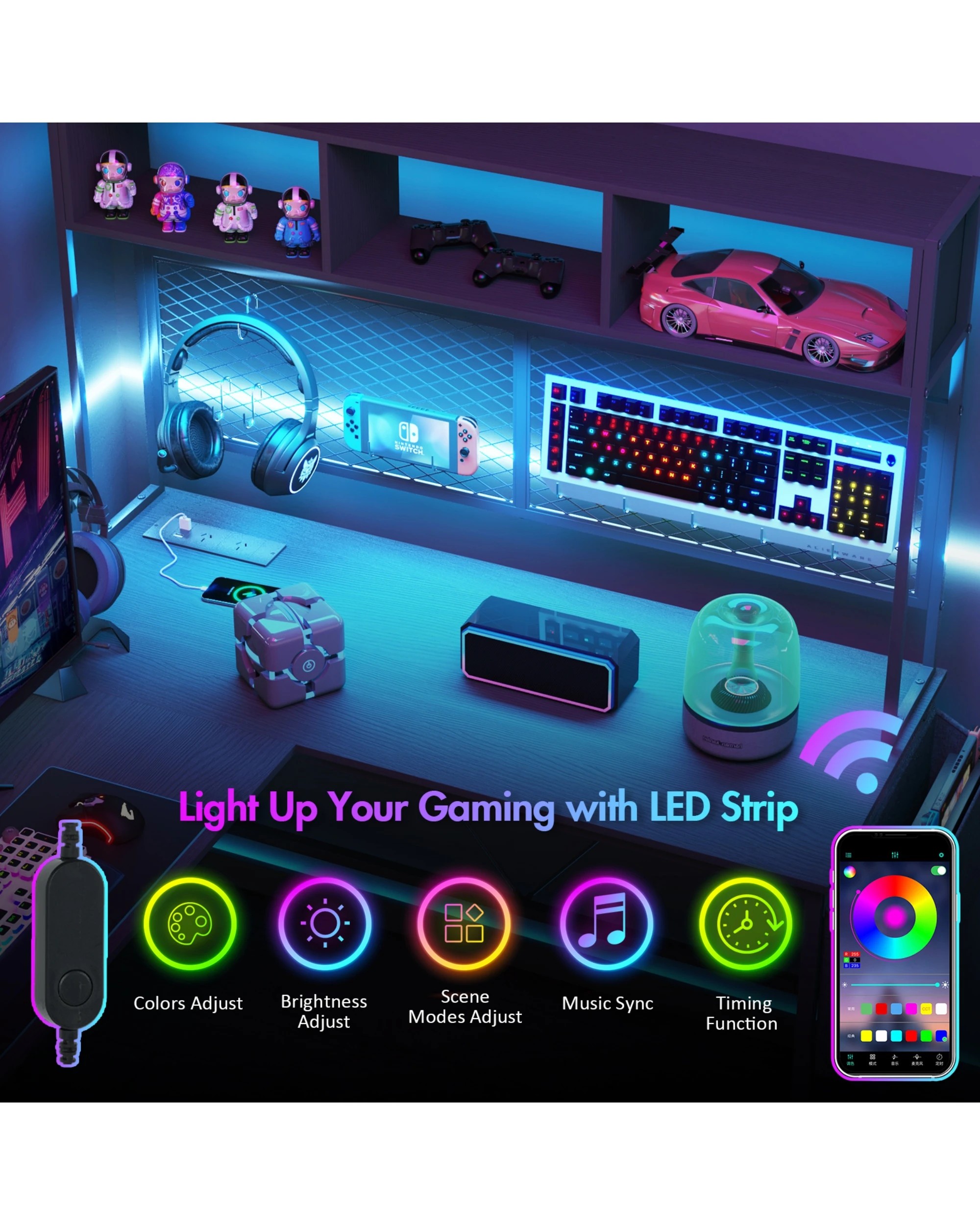 3 Advwin 170cm L Shaped Gaming Desk With Led Lights & Power Outlets Reversible Storage Shelf Computer Corner Desk Black, 3 of 10