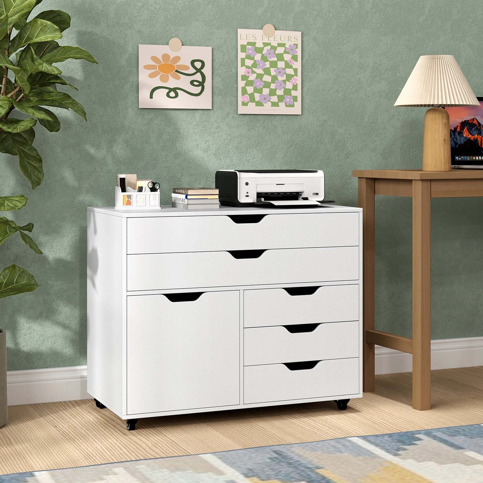 4 Costway 5 Drawer Mobile Filing Cabinet w/Door & Shelf Home Office Storage Cabinet - White, 4 of 5