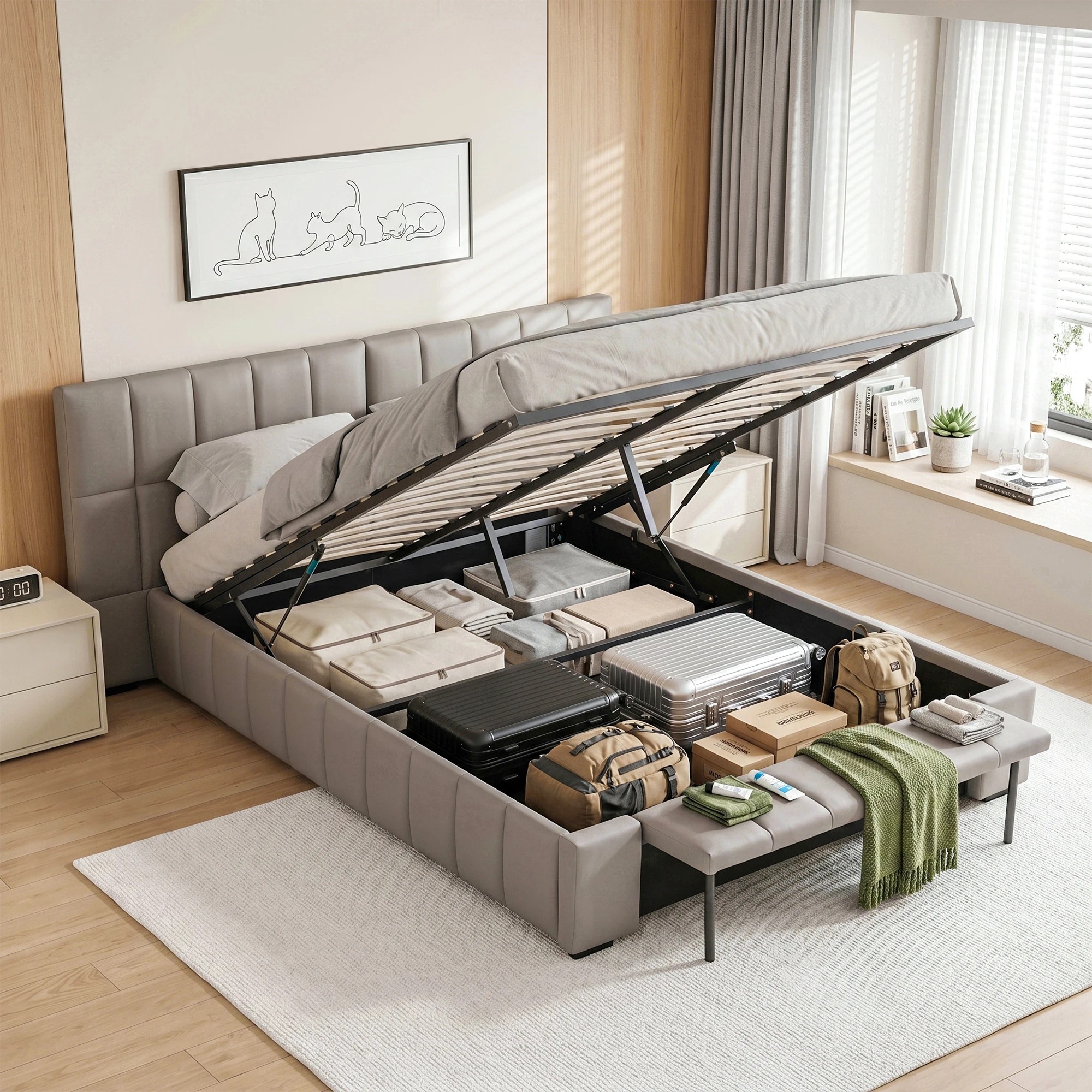 9 Artiss Queen Bed Frame with Gas Lift Storage Foldable Bench - Grey, 9 of 9
