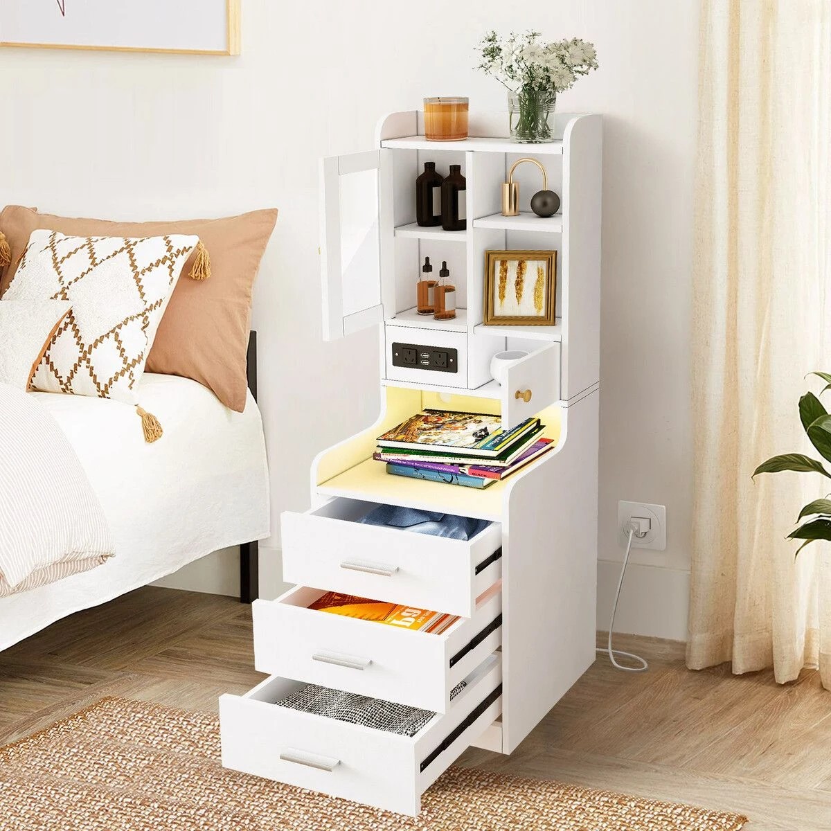 5 LUXSUITE Bedside Table Bookshelf LED Nightstand Lamp Cabinet, 5 of 7