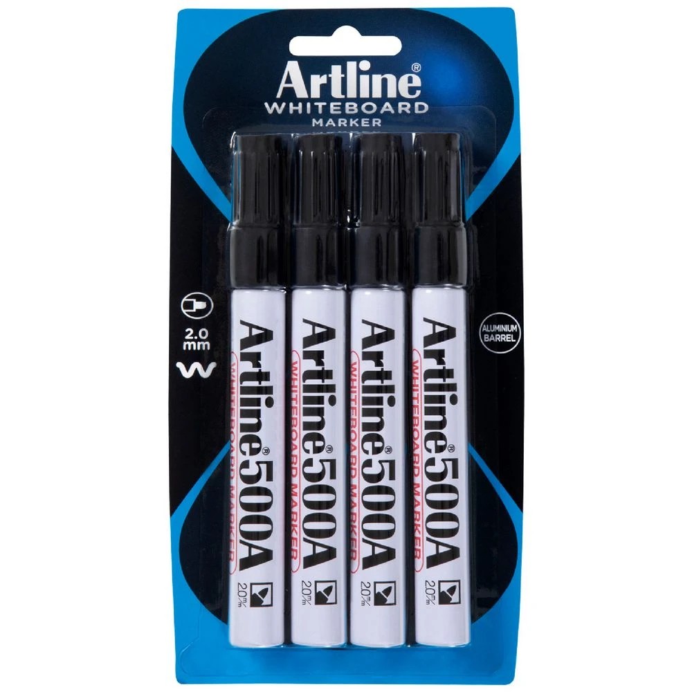 1 Artline 500A Whiteboard Markers Bullet Black 4 Pack, 1 of 2