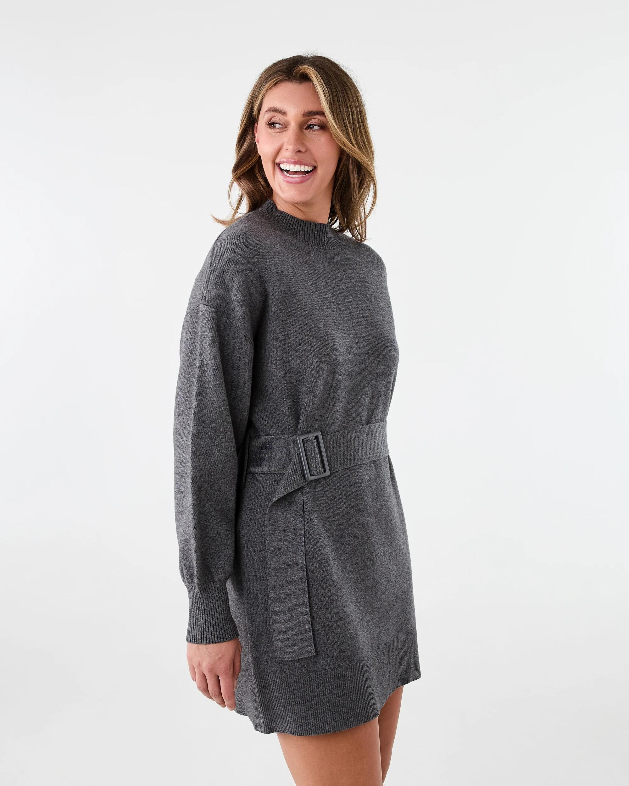 2 Long Sleeve True Knit Belted Mini Dress Gry Chmrle, 2 of 7