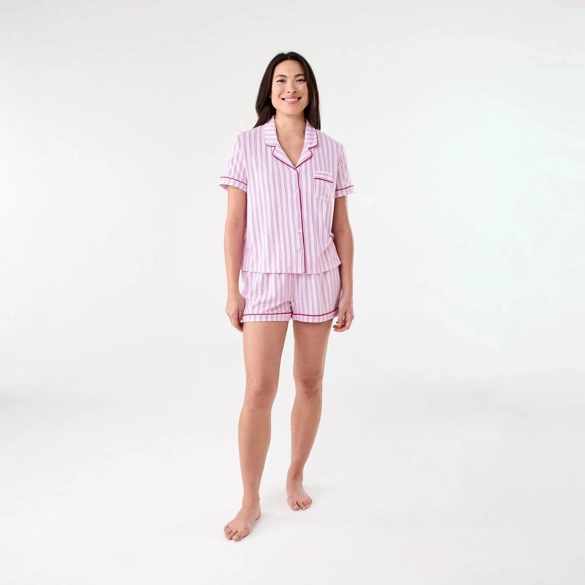 8 Short Sleeve Top and Shorts Comfort Pyjama Set TONAL STRIPE PINK LADY, 8 of 8