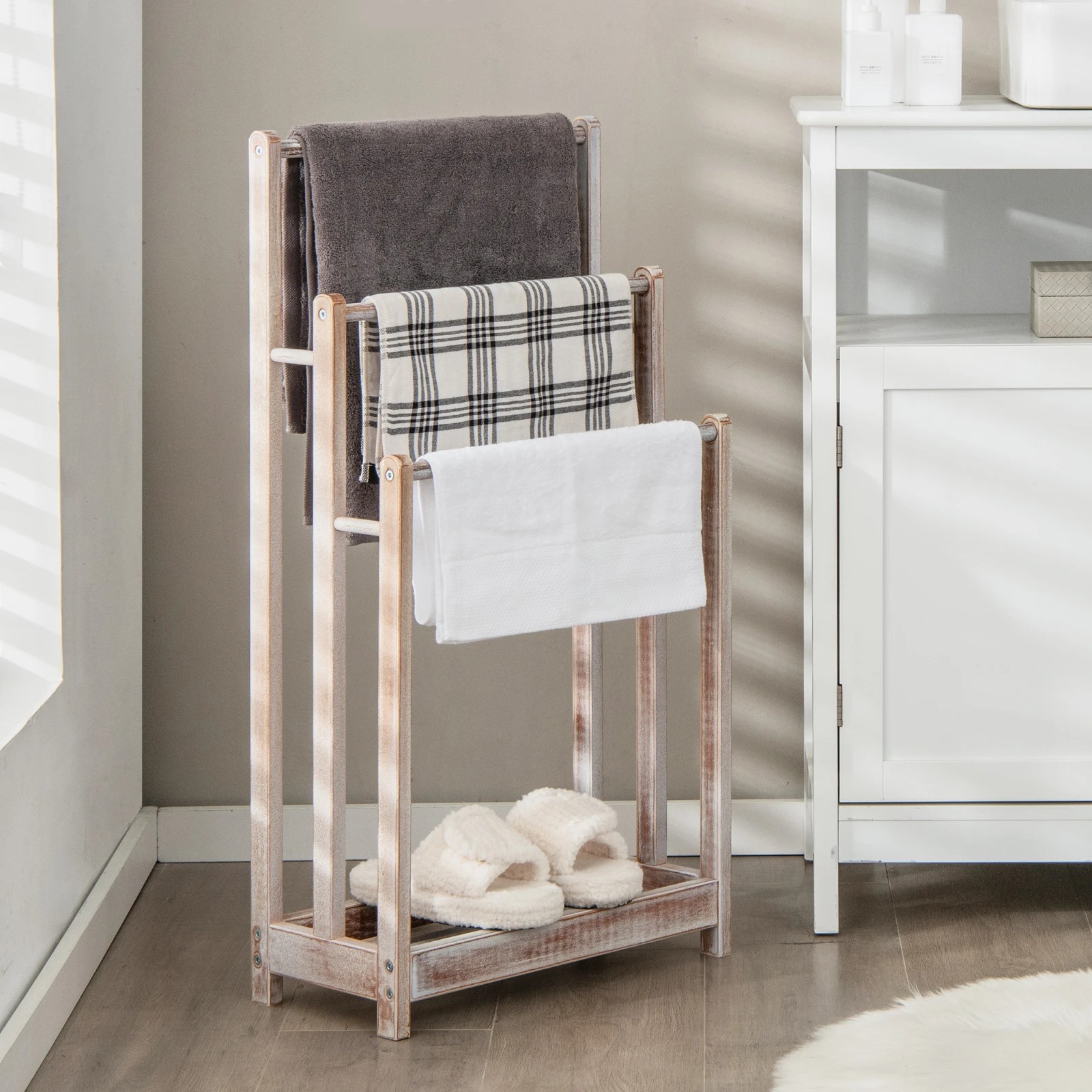 2 Costway 3-Bar Towel Rack Freestanding Towel Drying Stand w/Bottom Storage Shelf - White, 2 of 3