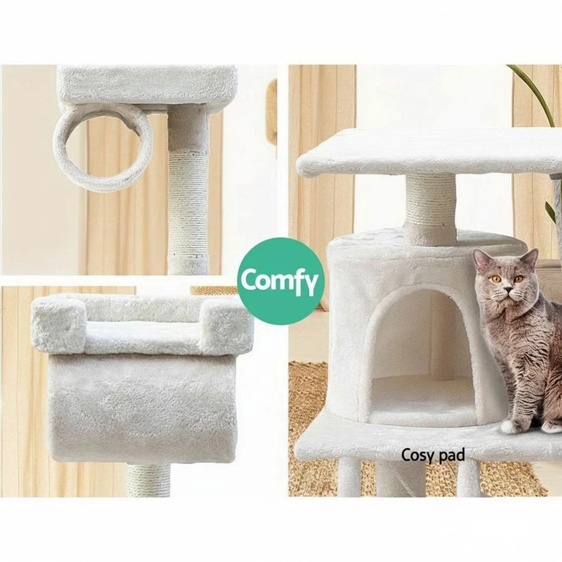 6 i.Pet Cat Tree 141cm Tower Scratching Post Scratcher Condo Wood House Bed Beige - Beige, 6 of 7