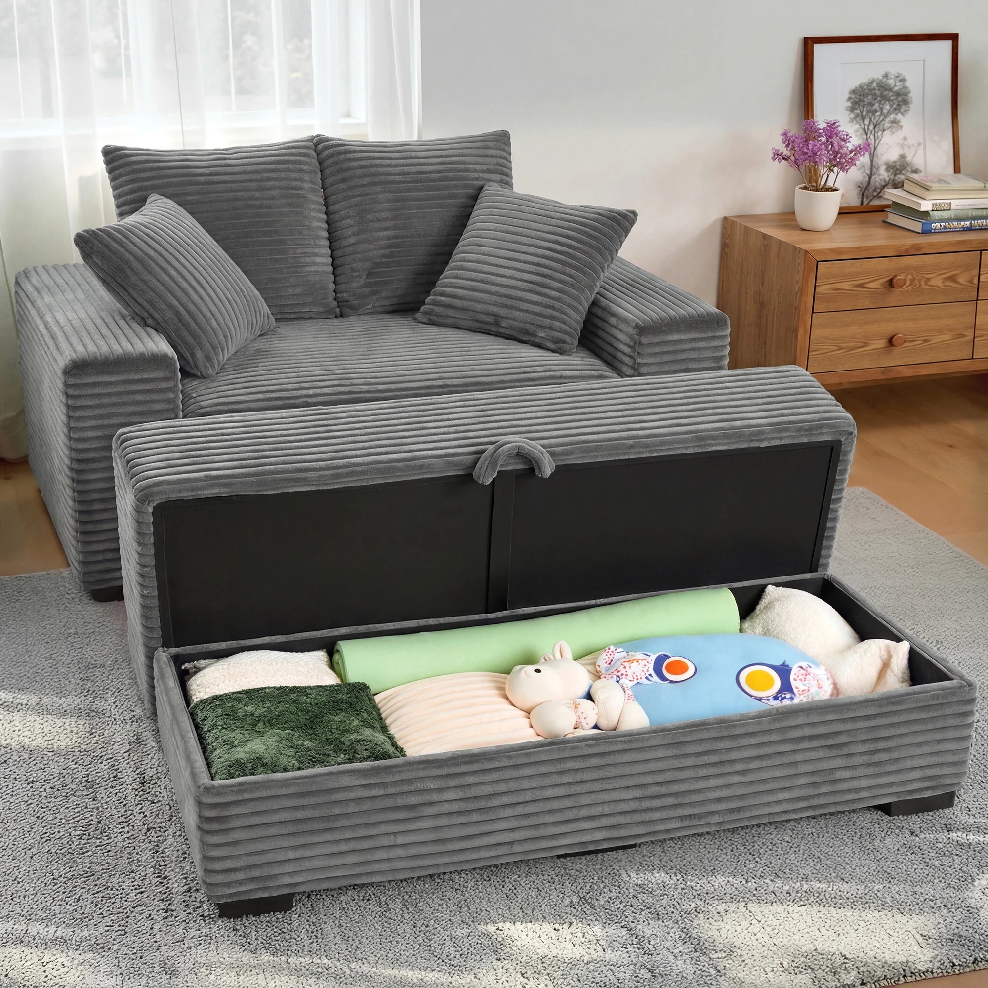 6 Advwin 146cm Chaise Lounge Chair with Storage Ottoman Fluffy Upholstered Sofa Bed - Grey, 6 of 10