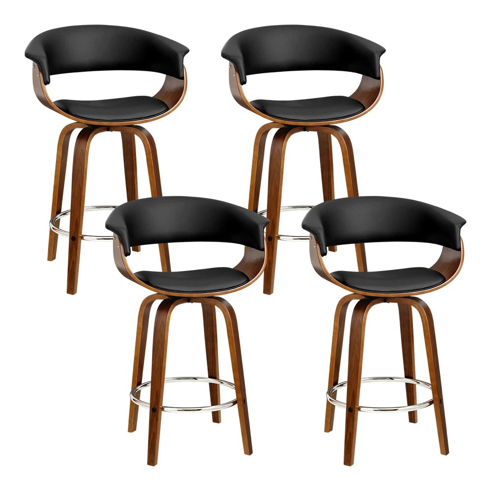 1 Artiss 4x Bar Stools Swivel PU Seat Wooden - Black, 1 of 7