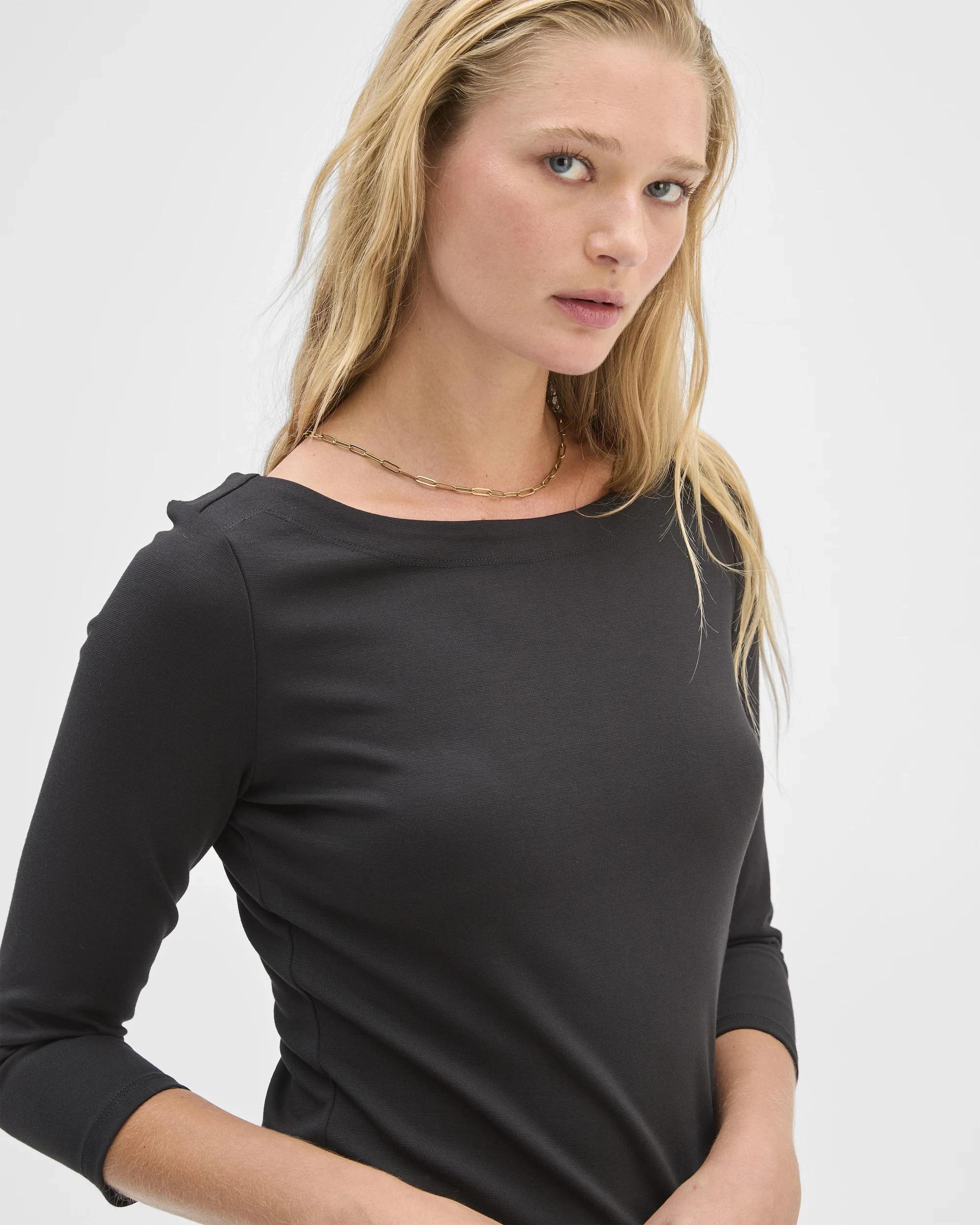 6 Preview 3/4 Sleeve Boat Neck Ponte T-Shirt BLACK, 6 of 8