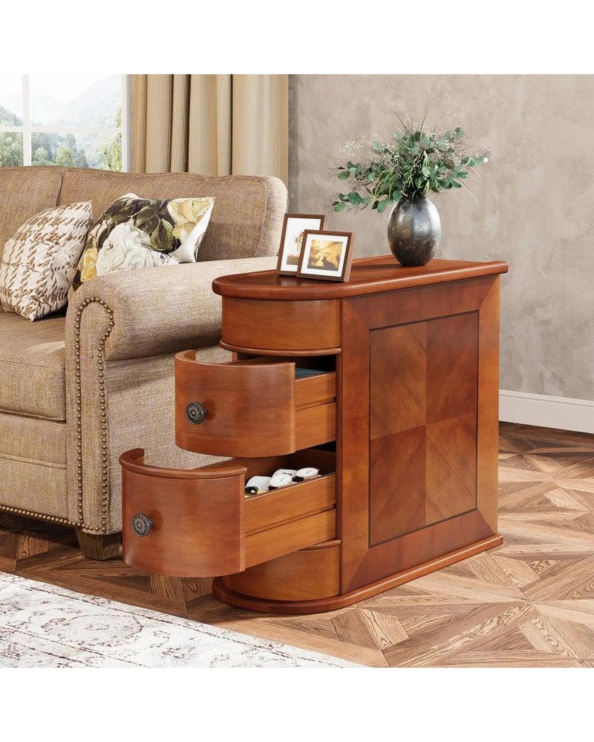 8 OAKORY 60cm End Table with 2 Drawers, Fully Assembled Narrow Side Table Walnut, 8 of 9