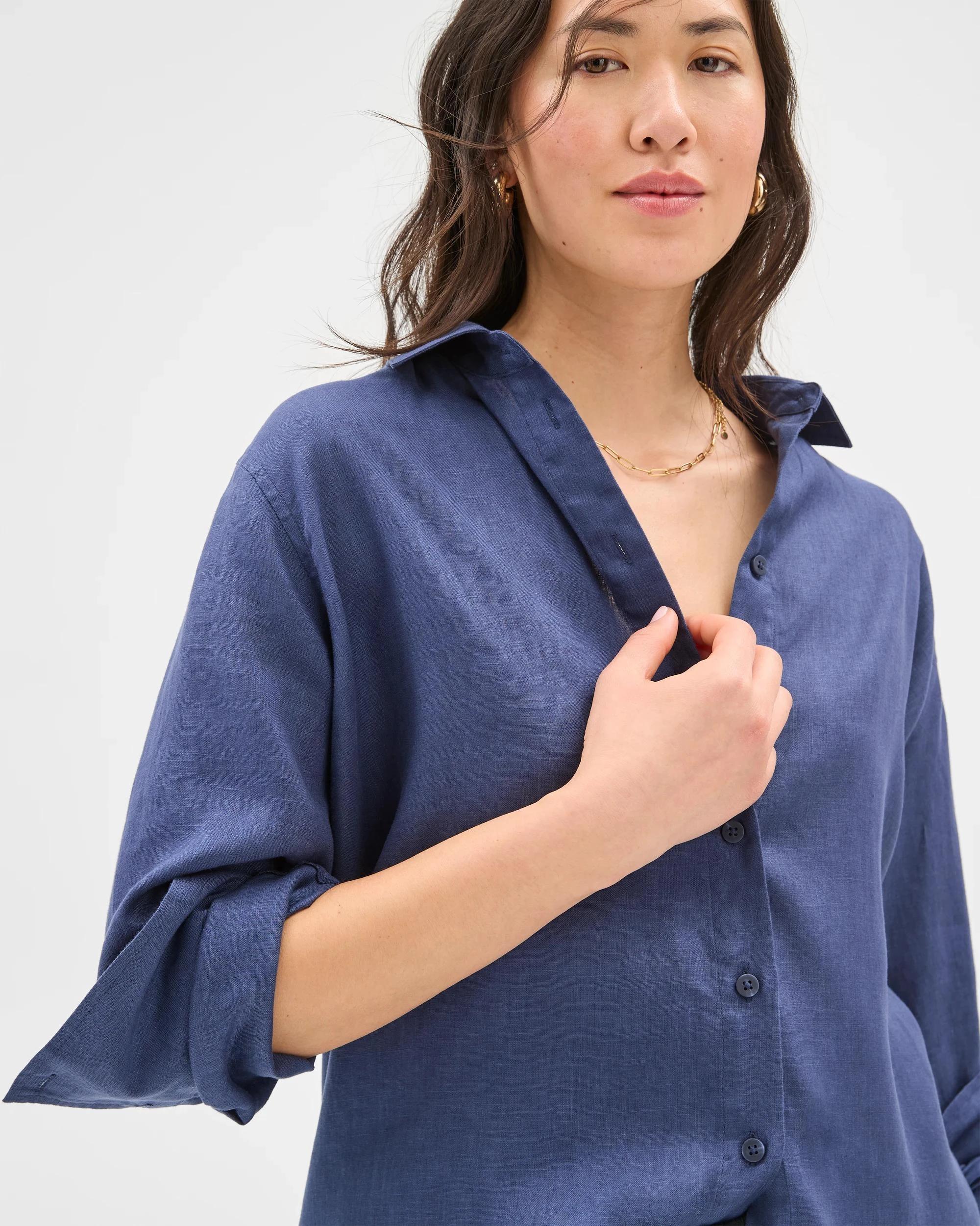 6 Target Woman European Linen Long Sleeve Shirt BLUE INDIGO, 6 of 8