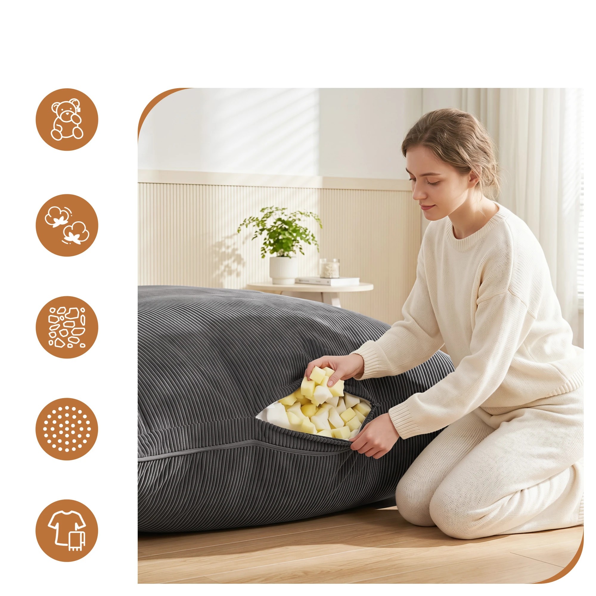 5 Artiss 3 in 1 Bean Bag Chair Cover No Filler Convertible Corduroy Bean Bag Cover Washable - Grey, 5 of 10