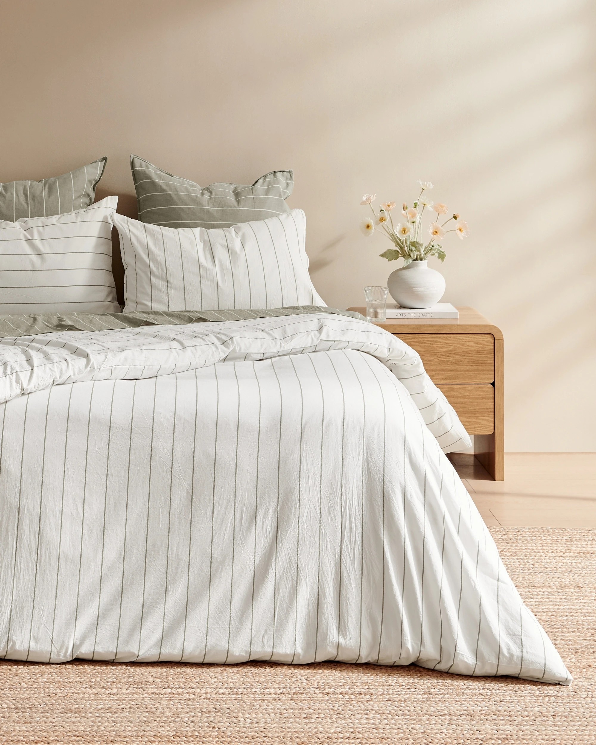 1 Dreamaker Rumi Stripe Washed Cotton Reversible Quilt Cover Set - Queen Bed - White with Olive, 1 of 6