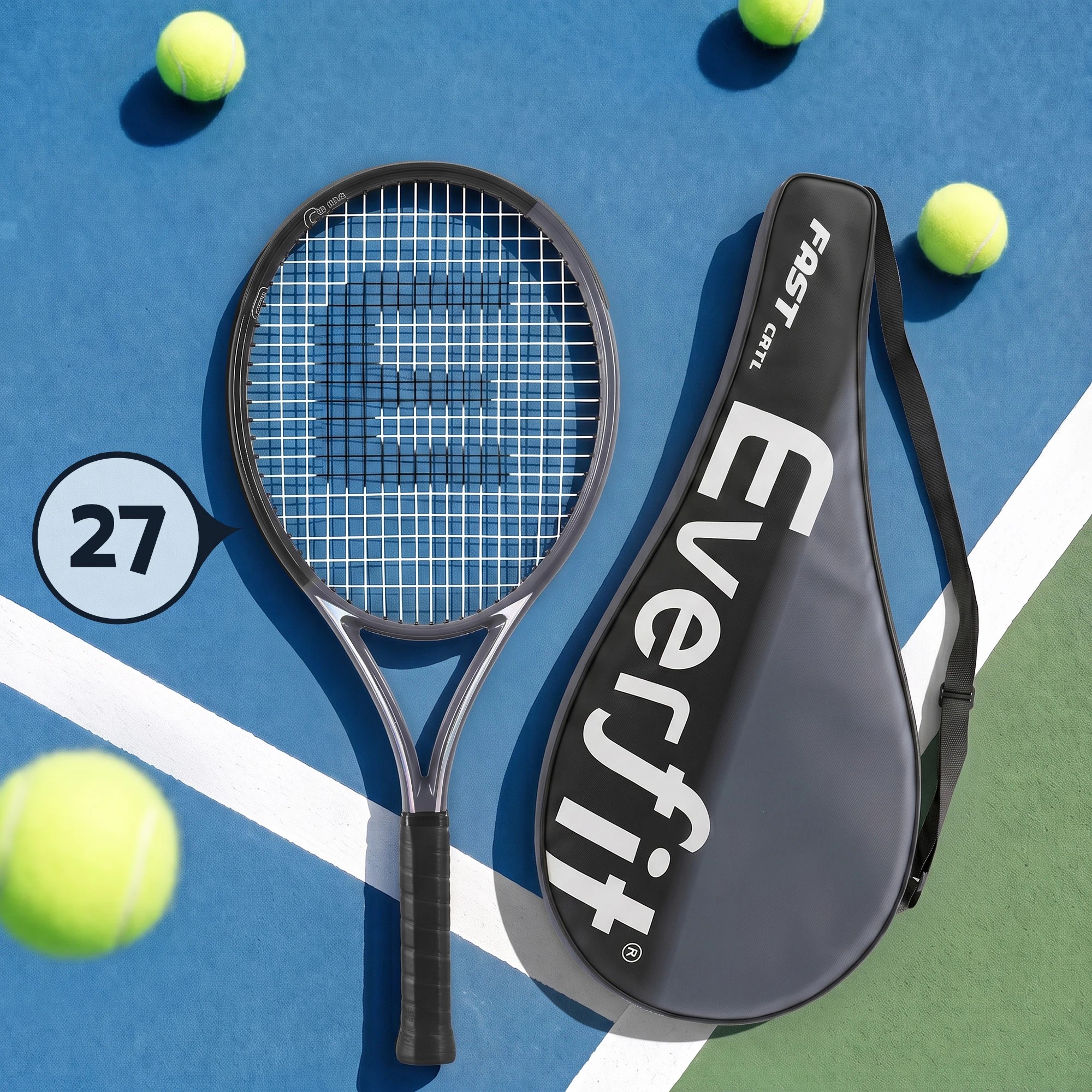 9 Everfit 27 Inch Tennis Racket Lightweight Adult Racquet with Larger Head and Cushioned Grip for Beginners - Black, 9 of 9