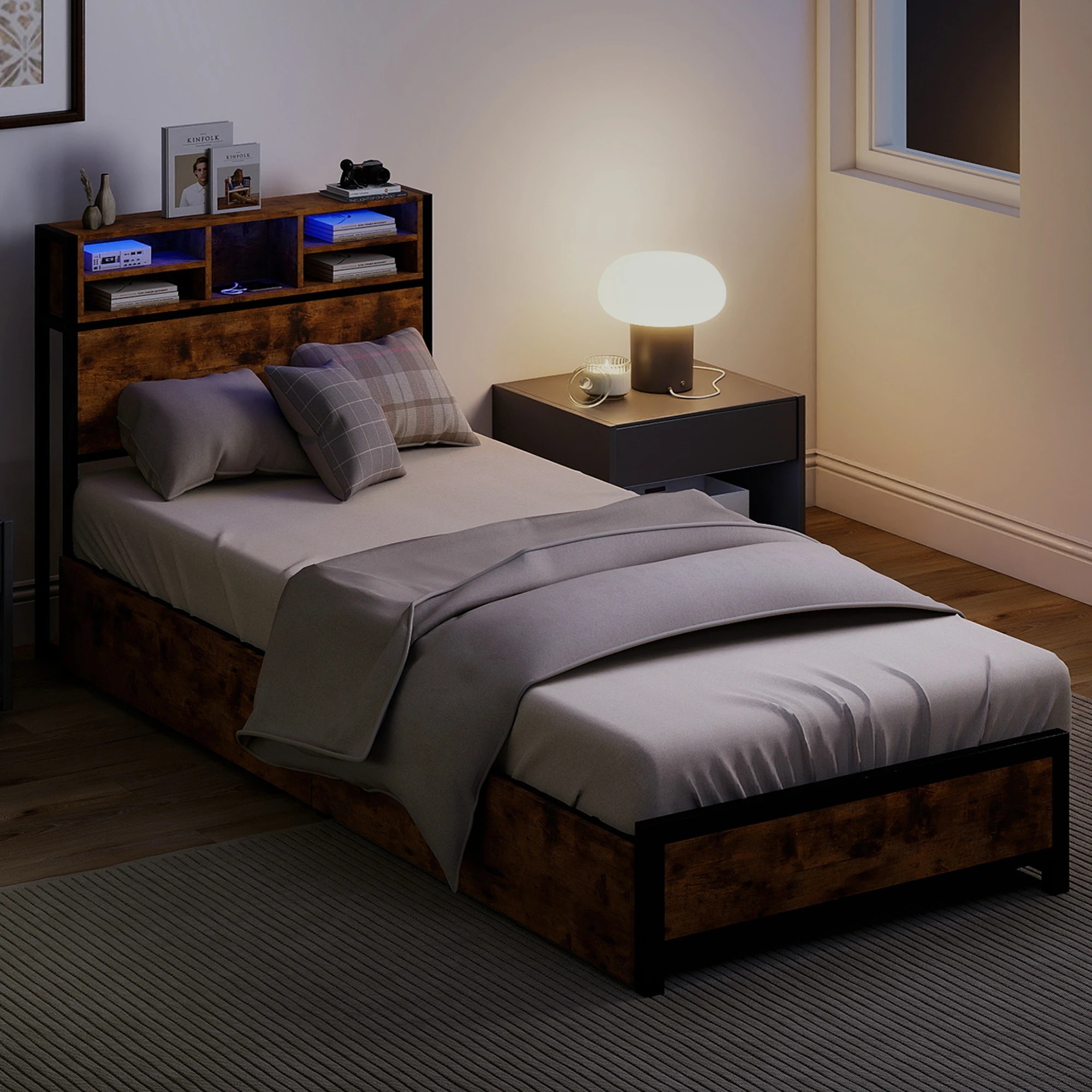 7 Levede Single  Bed Frame Industrial with LED and Charging Station, 7 of 9