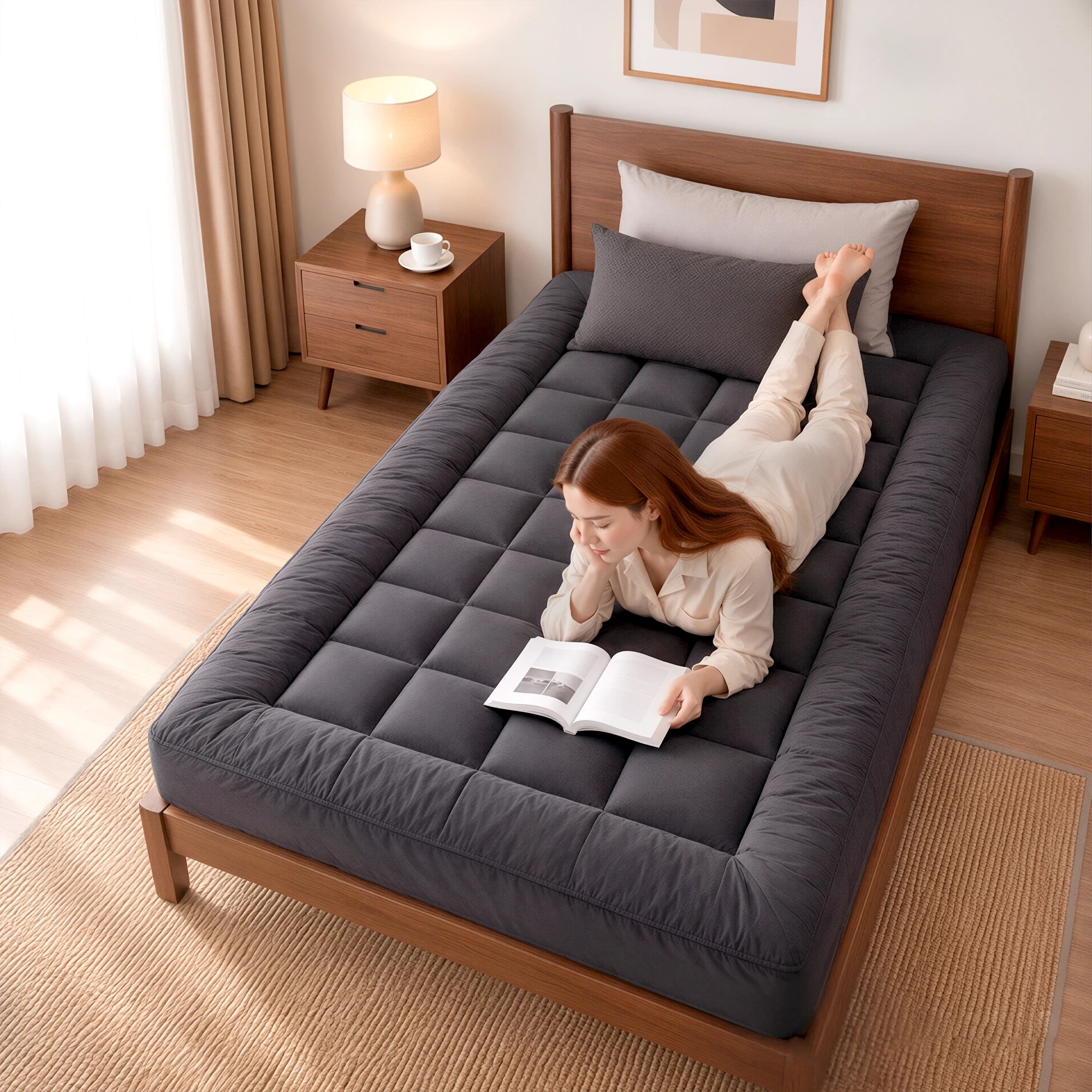 1 Giselle Bedding 5cm Bamboo Charcoal Filling Pillowtop Topper with 45cm Deep Pocket 1000GSM - King Single Bed - Grey, 1 of 10