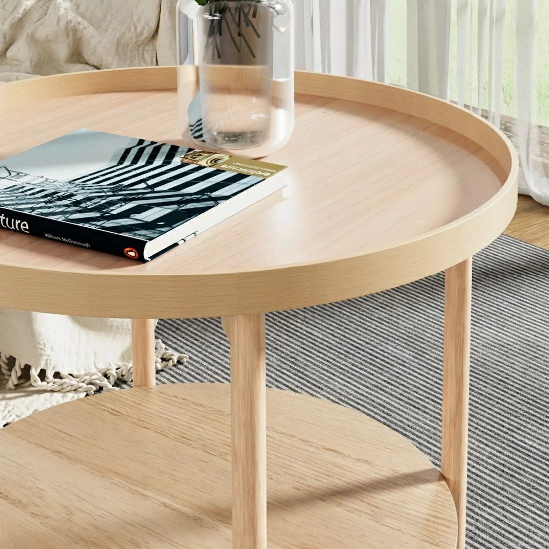 4 Artiss Coffee Table Side Table Round 70CM - Natural, 4 of 6