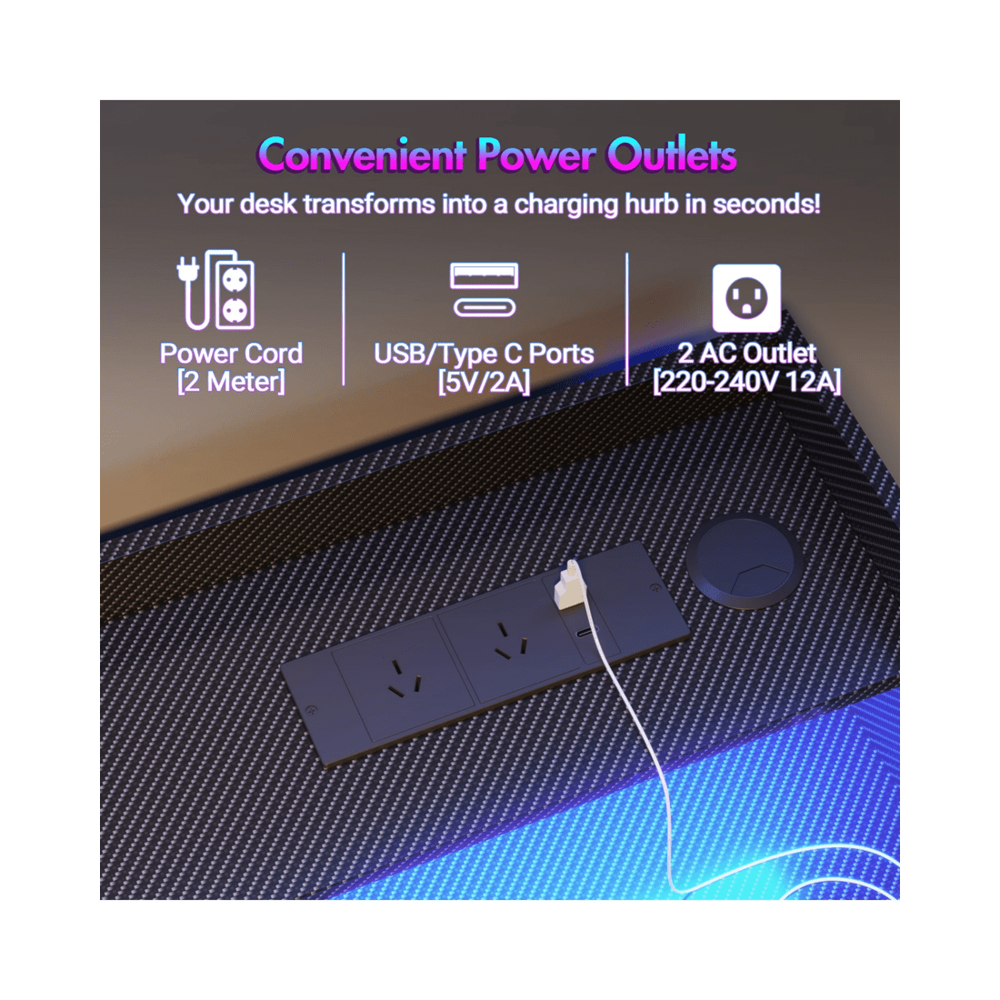 7 Advwin Led Rgb Light Electric Standing Desk With Power Outlets & Monitor Stand 120cm
 - Black, 7 of 9