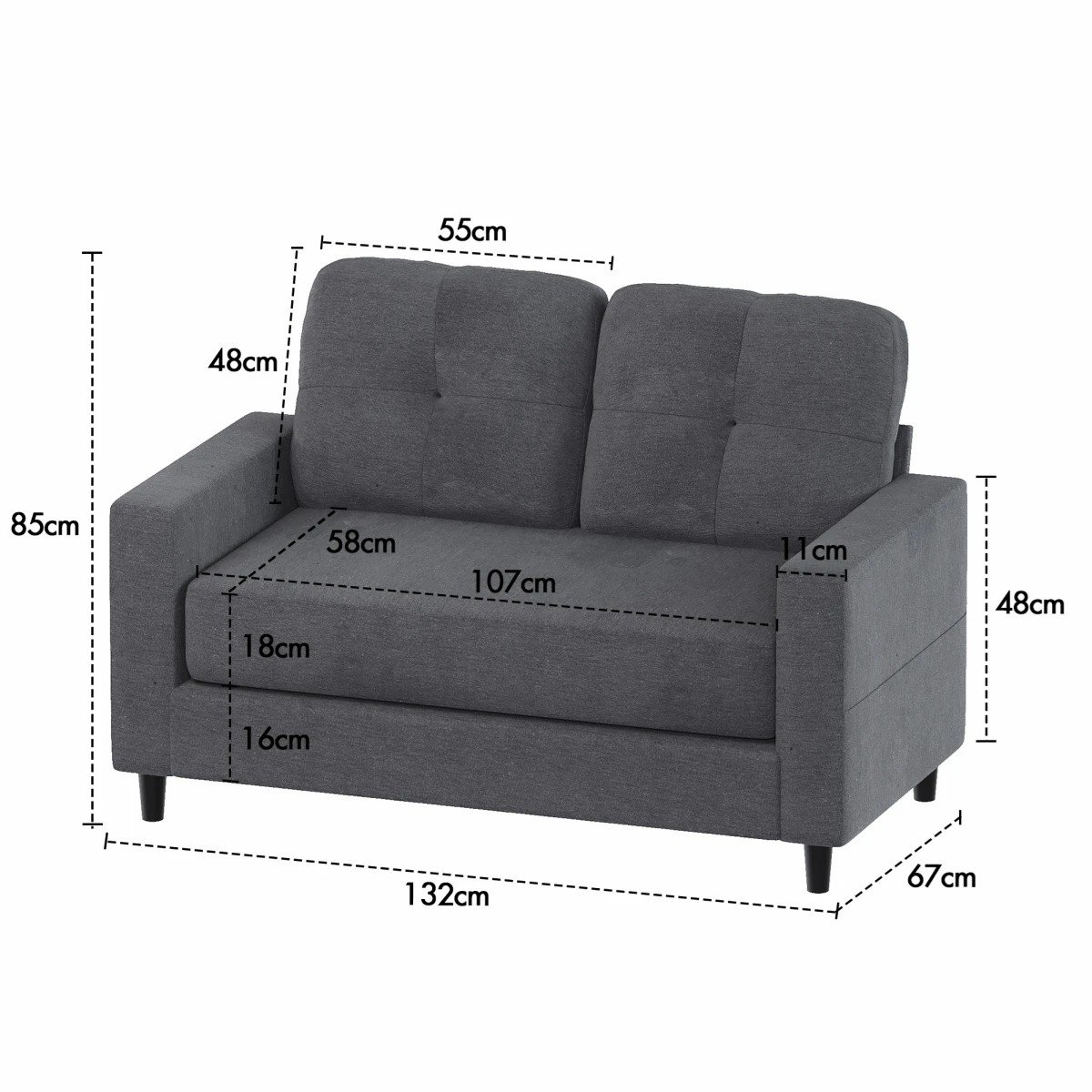 4 Advwin 2-seater Sofa 132cm Love Seat Linen Fabric Small Loveseat Sofa Couch Grey, 4 of 4