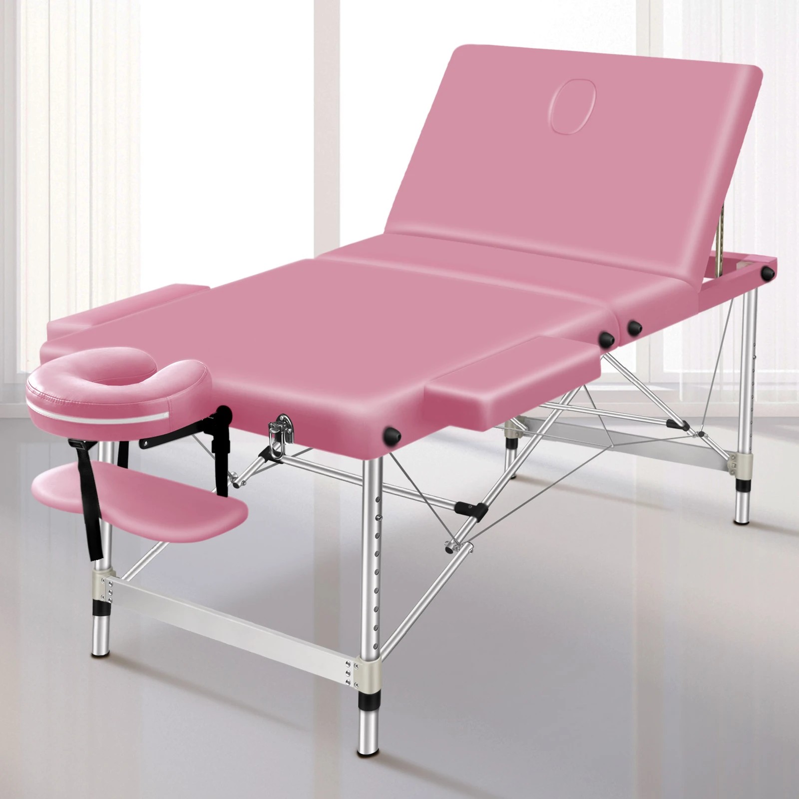 3 Alfordson Massage Table 3 Fold 75cm Foldable Portable Aluminium Lift Up Bed Desk - Pink, 3 of 4
