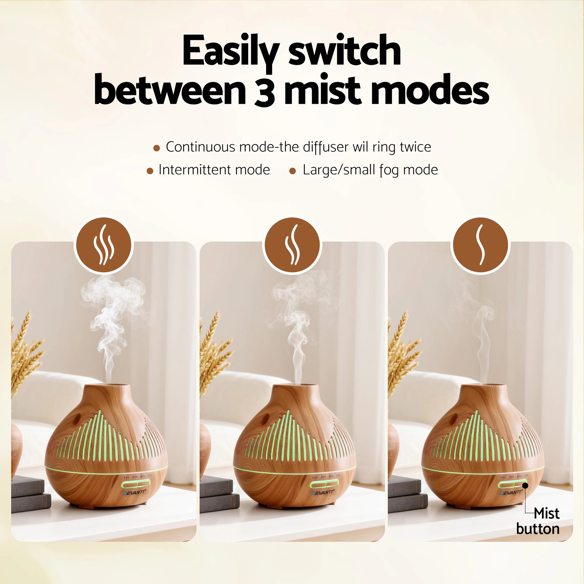 4 Devanti Ultrasonic Aroma Diffuser Aromatherapy 400ml LED Lights Iron Humidifier  Light wood grain - Natural, 4 of 9