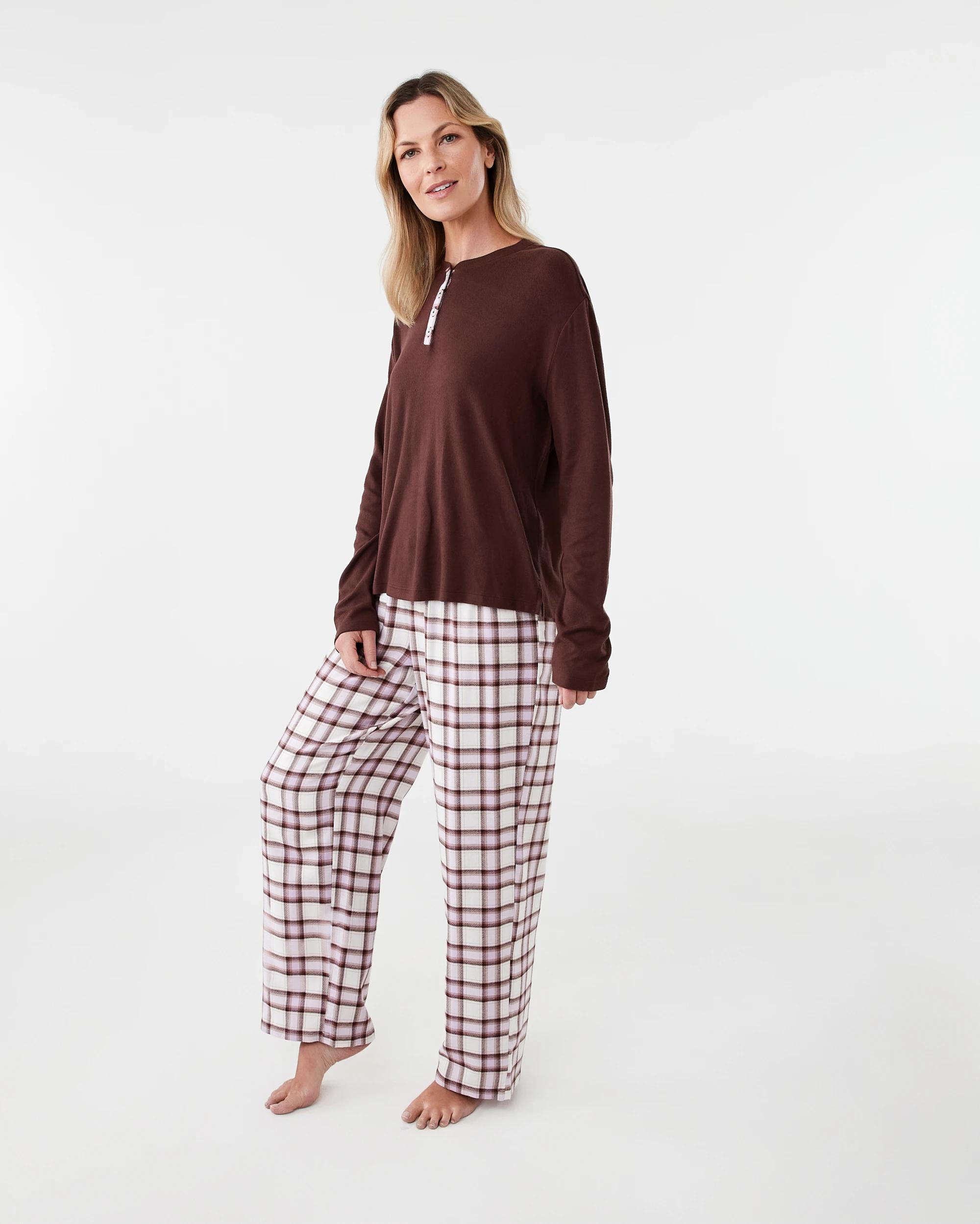 2 Supersoft Henley Top and Flannel Pants Pyjama Set Chk Bwn, 2 of 8