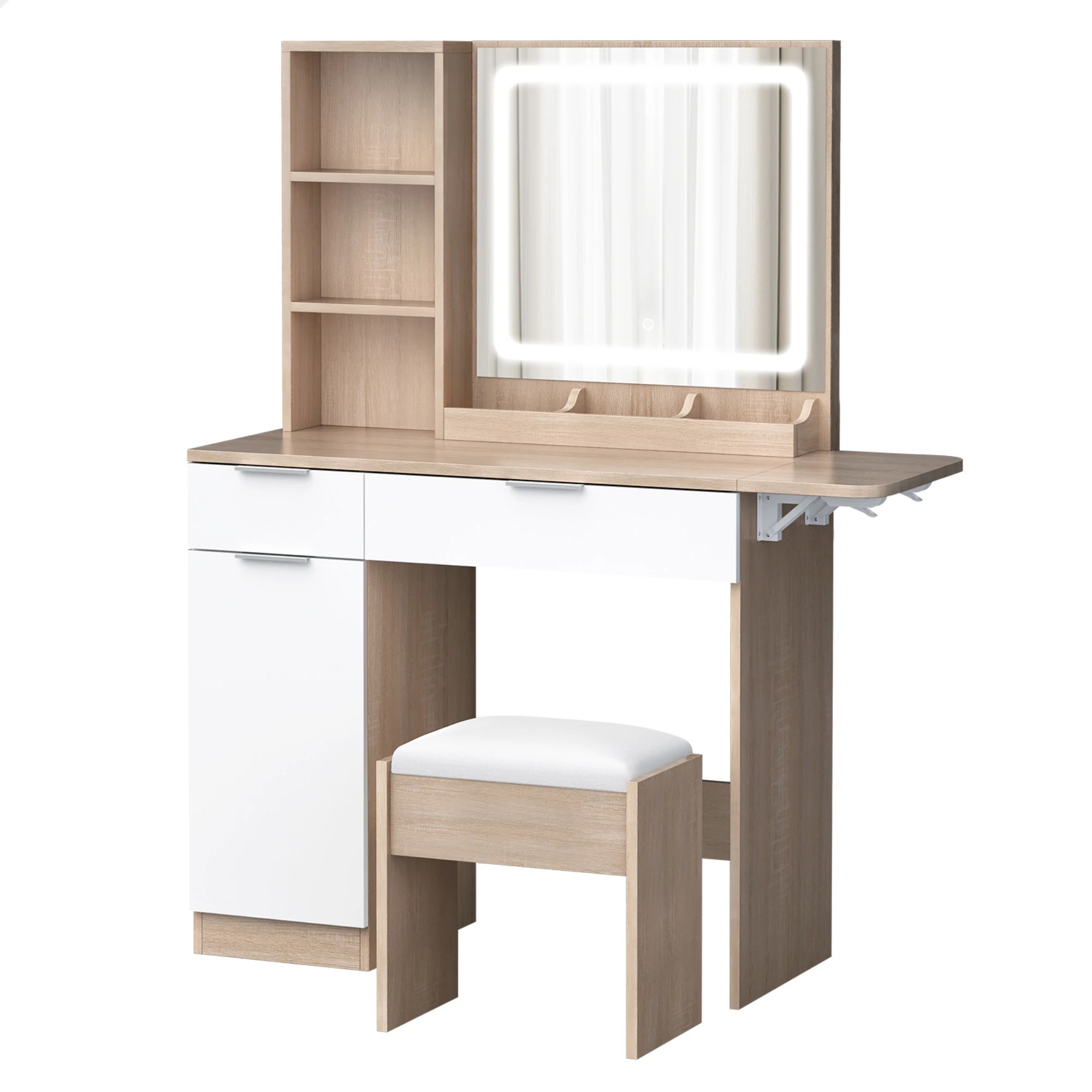 1 Alfordson Dressing Table Stool Set LED Vanity Desk Makeup Mirror Drawers - Oak, 1 of 10
