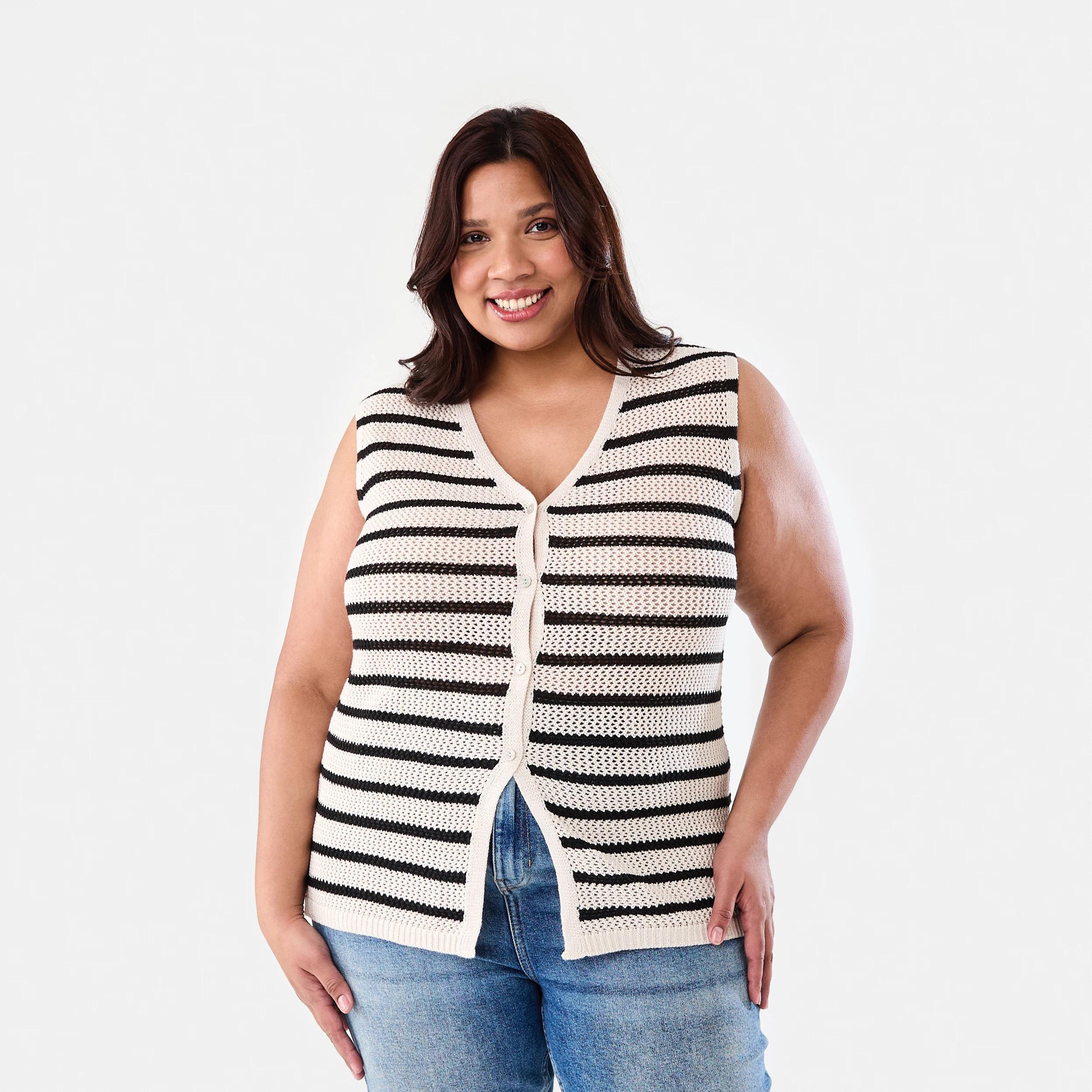 1 Curve Sleeveless Crochet Vest Bge Bk Stp, 1 of 7