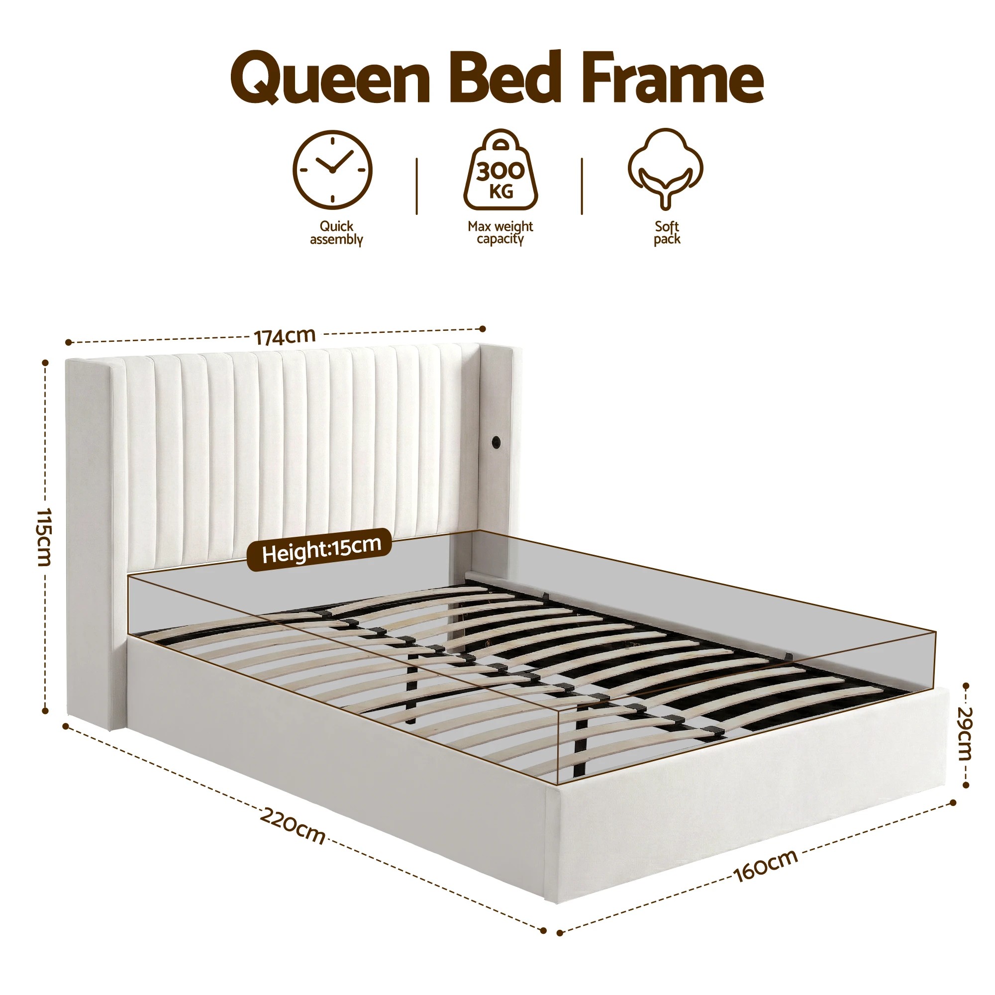 2 Artiss Queen Bed Frame with Gaslift Storage USB Type-C Charging Ports Velvet - White, 2 of 2