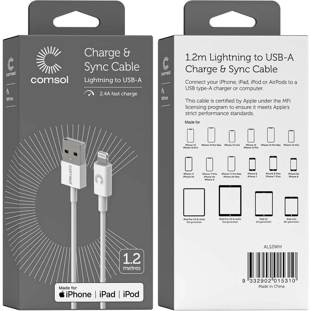 6 Comsol USB-A to Lightning Cable 1.2m White, 6 of 6