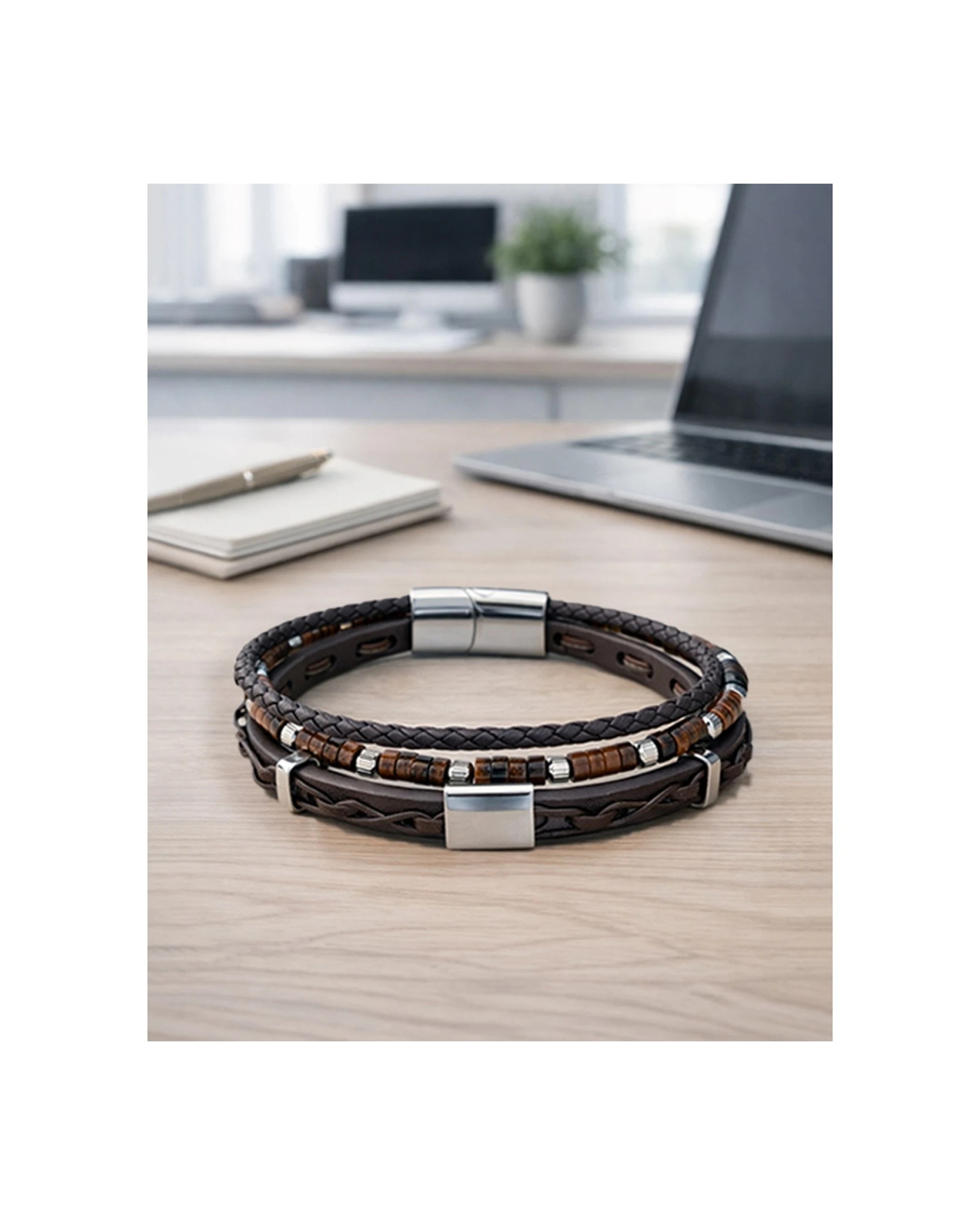 2 Men's Republic Leather Bracelet Leather Stainless Steel Semi Precious Stones Signature Gift - Black, 2 of 2