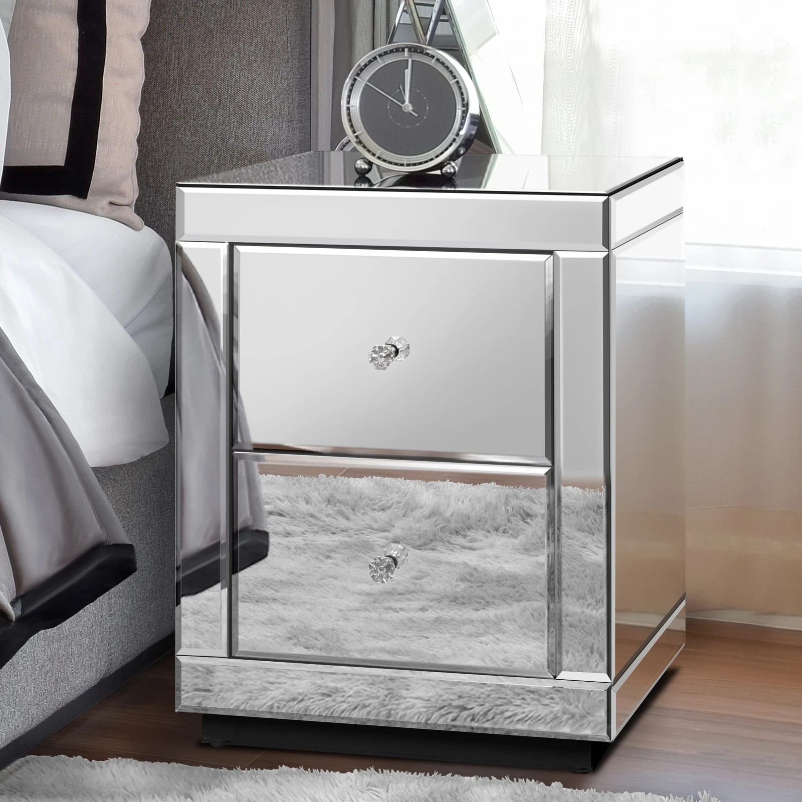 2 Alfordson Bedside Table Mirrored Cabinet Nightstand Side End Table Drawers - Silver, 2 of 10