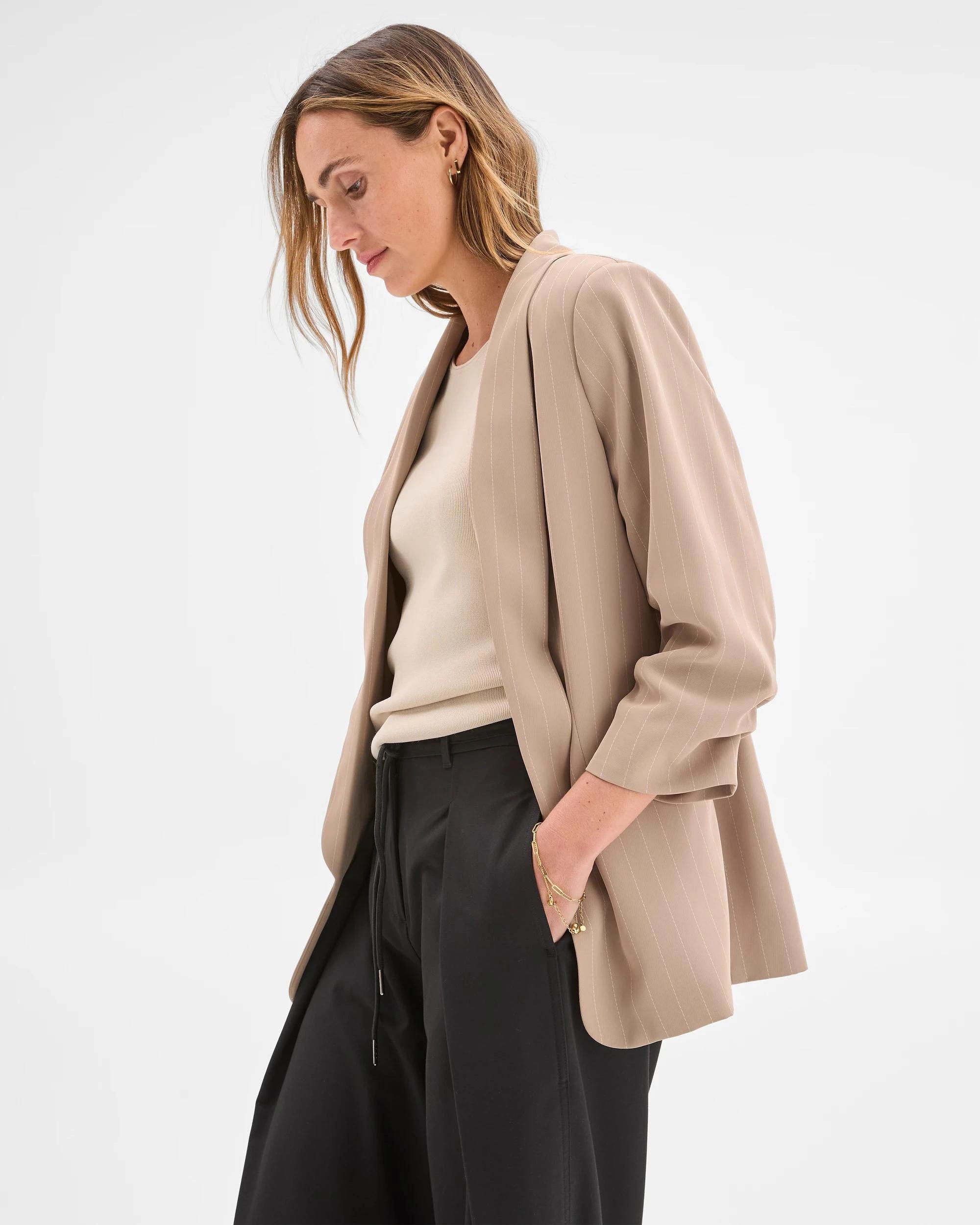 6 Preview Ruched Sleeve Blazer WEATHERED TEAK STRIPE, 6 of 7