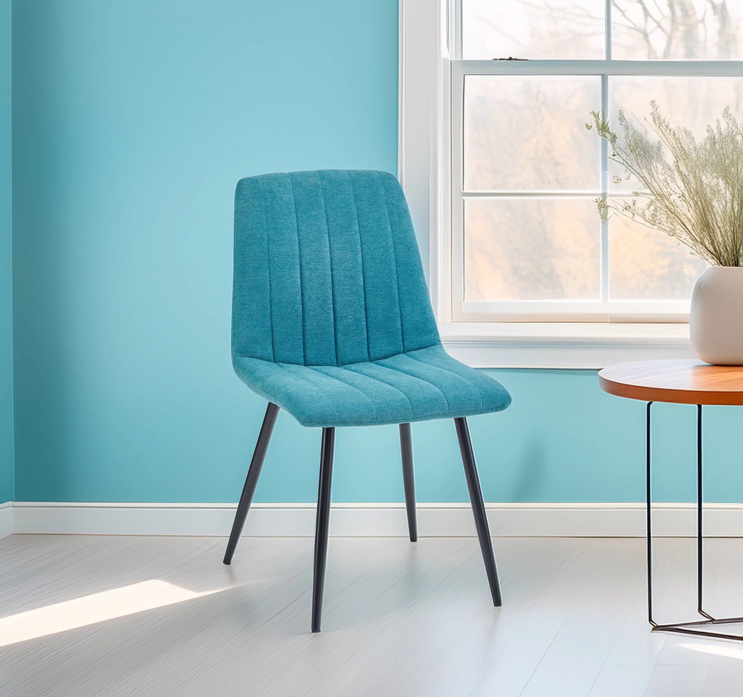 7 Foret Peacock Blue Velvet Upholstered Dining Chairs Black Metal Legs Set Of 4, 7 of 10