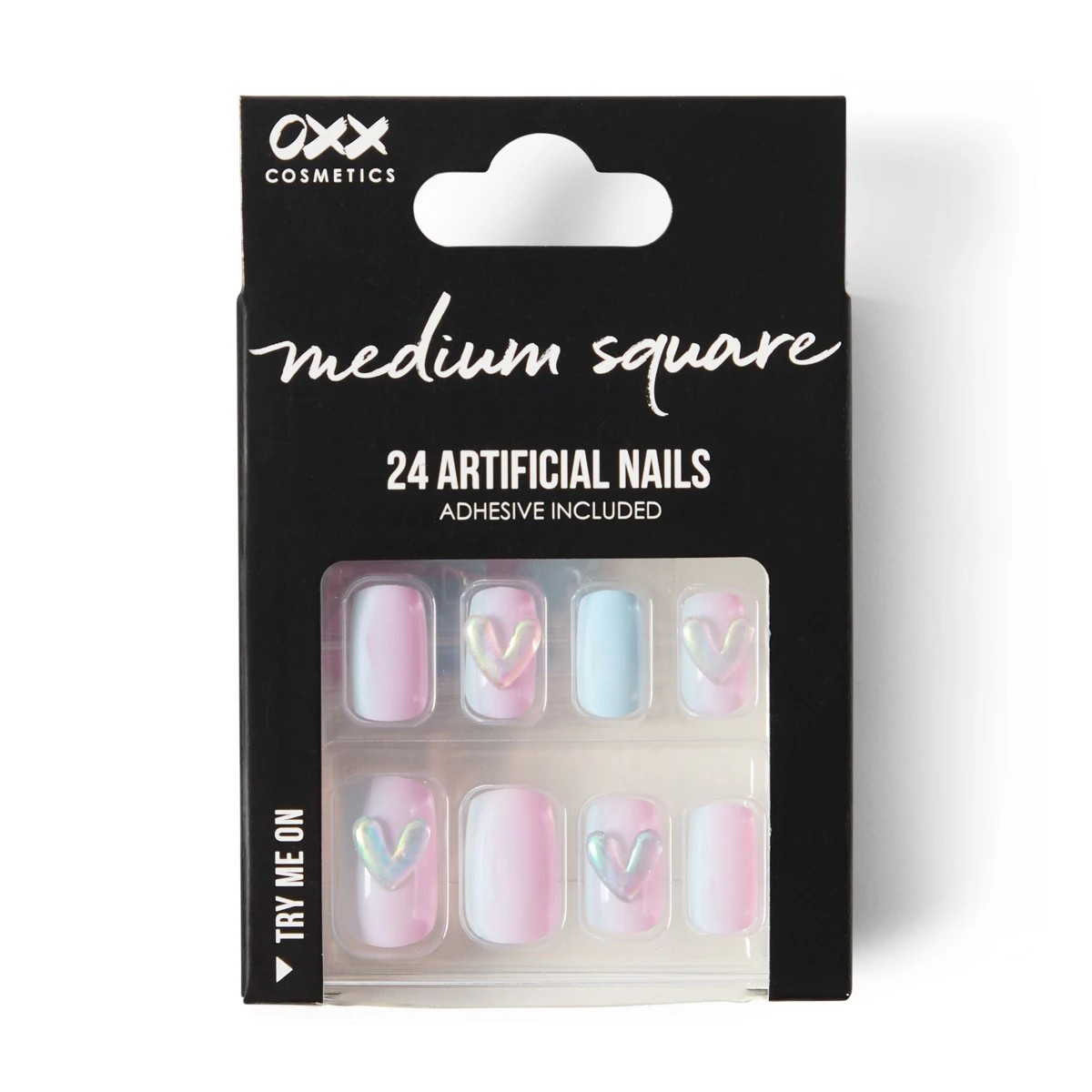 1 OXX Cosmetics 24 Pack Artificial Nails with Adhesive - Medium Square Shape, Pink and Blue Holographic 3D Hearts, 1 of 5
