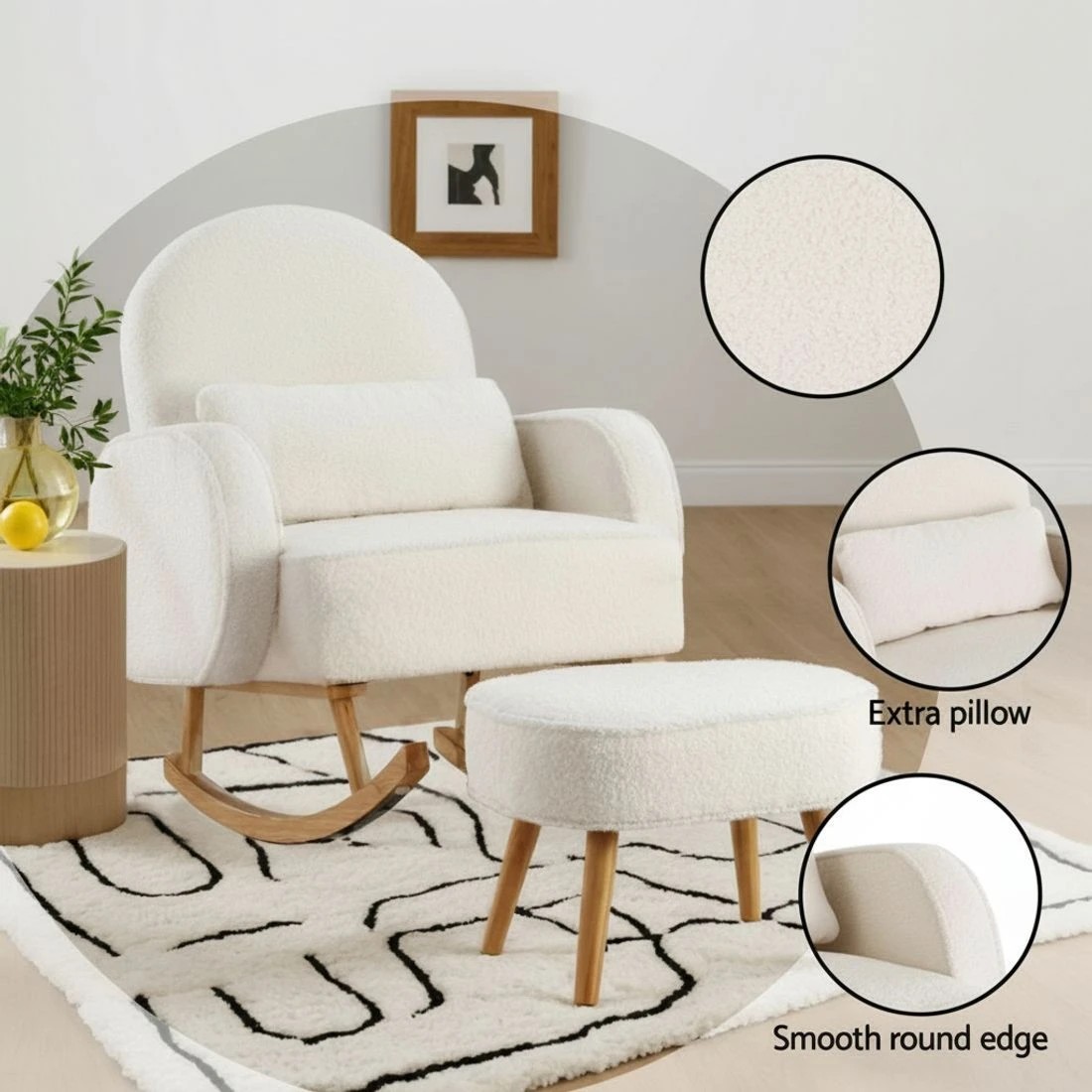7 Artiss Armchair Rocking Chair Ottoman Lounge Footrest Round Nursing Boucle - White, 7 of 8