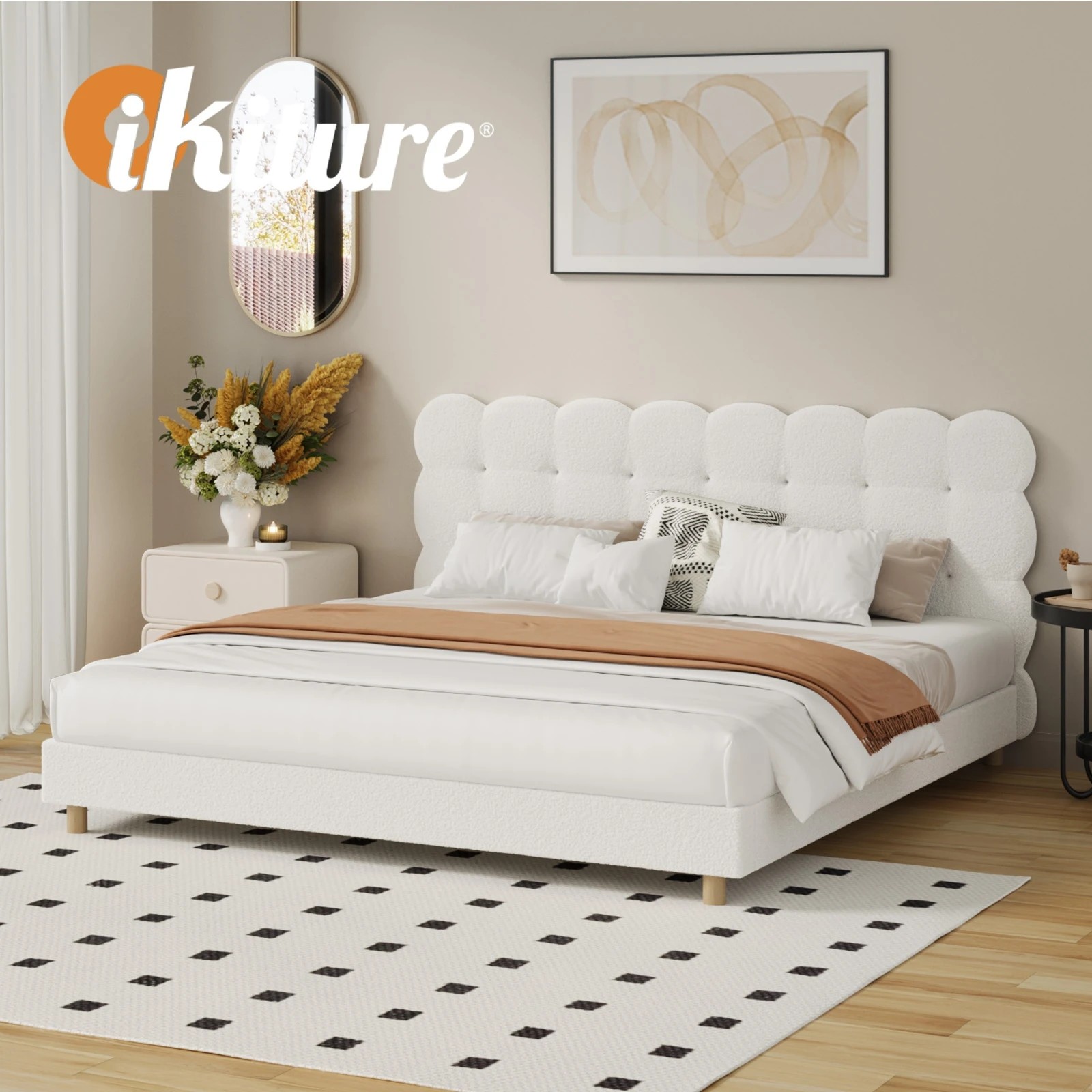 5 Oikiture King Bed Tufted Bedhead Boucle Bed Frame
 - White, 5 of 10