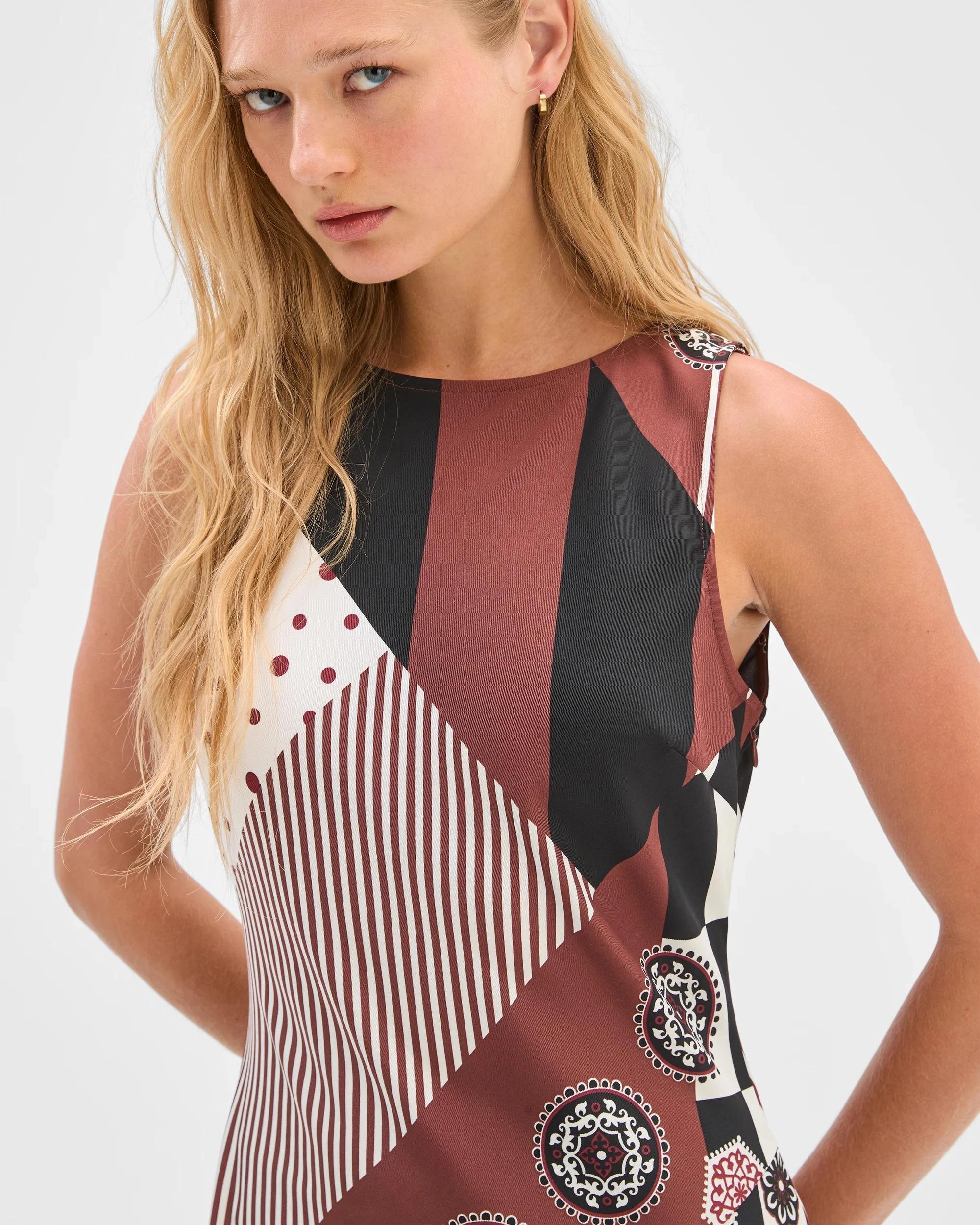 6 Preview Sleeveless Cowl Neck Asymmetric Hem Midi Dress SPLICED PRINT, 6 of 7