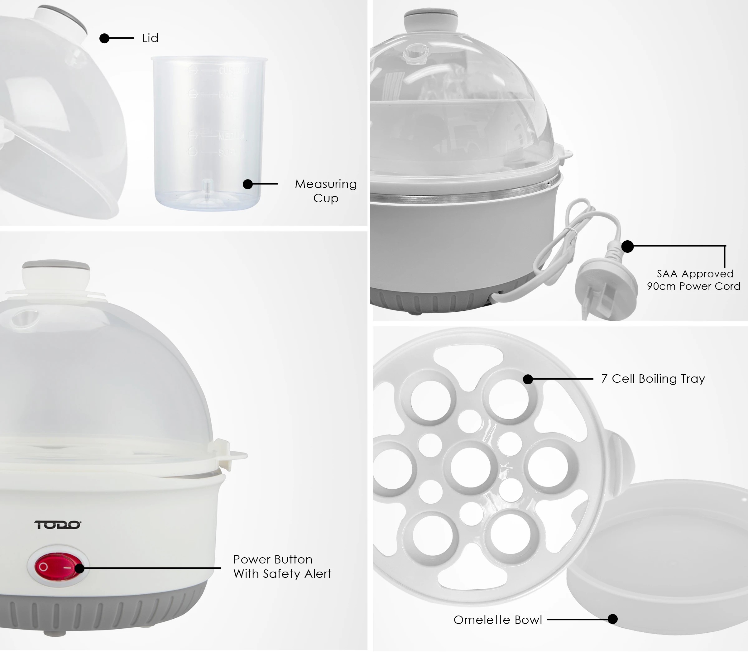 4 TODO 350W Egg Cooker Omelet Omelette 7 Cell Tray Electric Egg Maker - White, 4 of 6