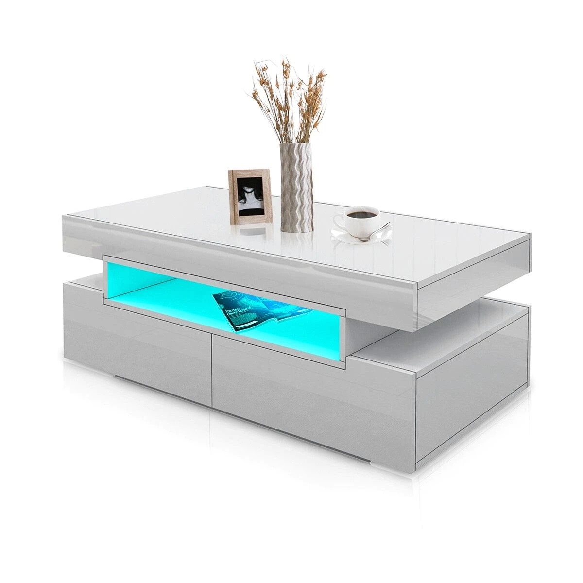 6 Ausway Rectangle Modern Coffee Table High Gloss Storage with 4 Drawers LED, 6 of 6