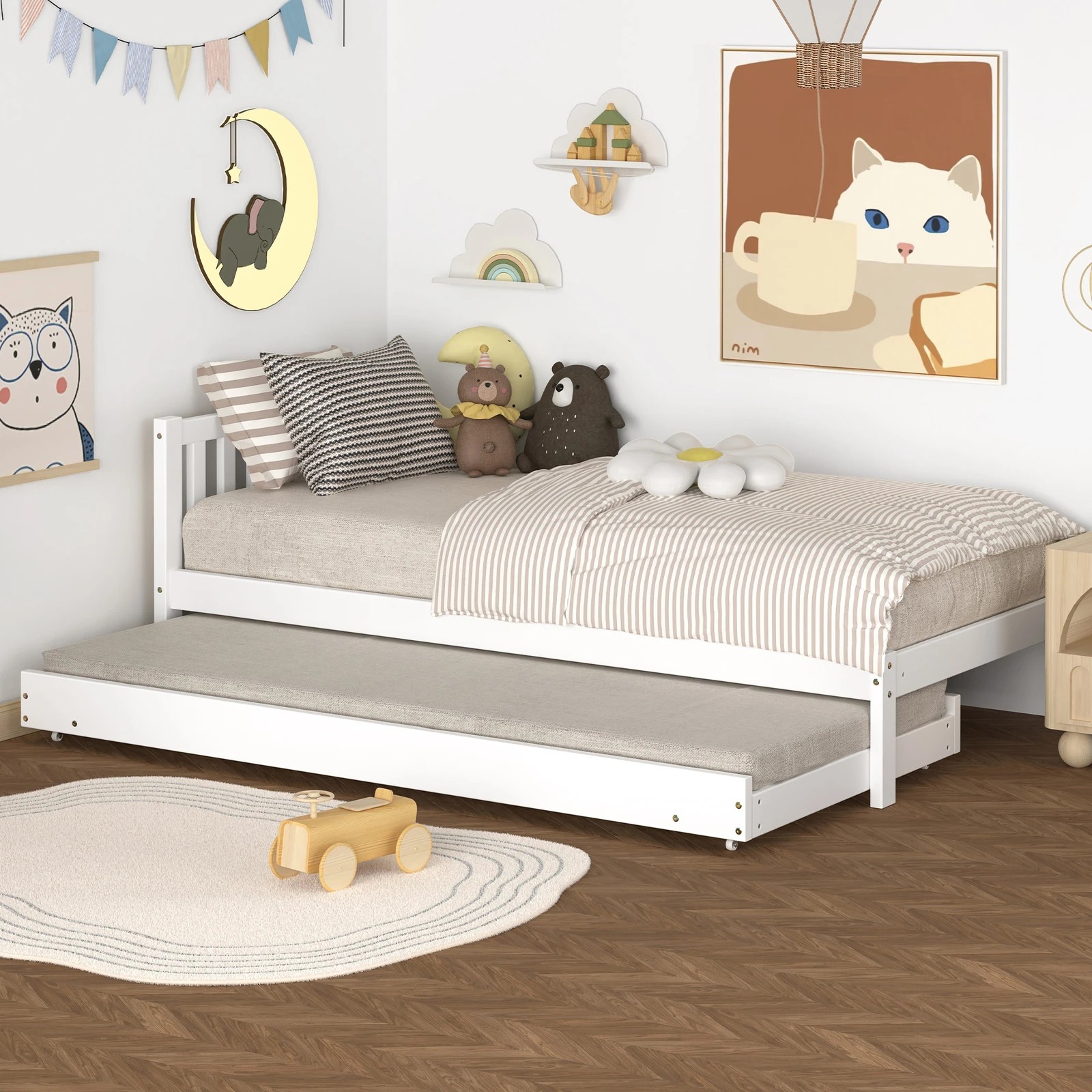 6 Alfordson Bed Frame 2x Single Size Trundle Wooden Mattress Base Timber - White, 6 of 10