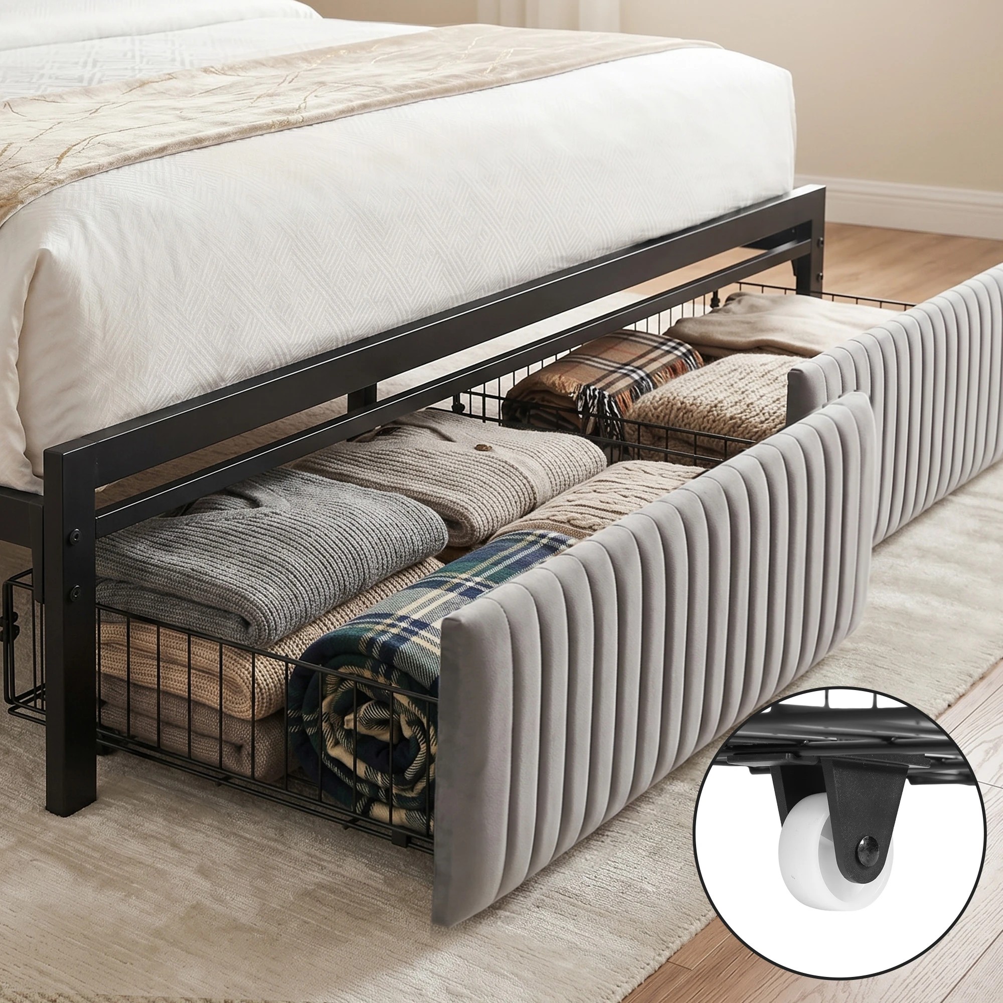 6 Artiss Metal Bed Frame Queen Size LED Charging Station 2 Drawers - Black, 6 of 8