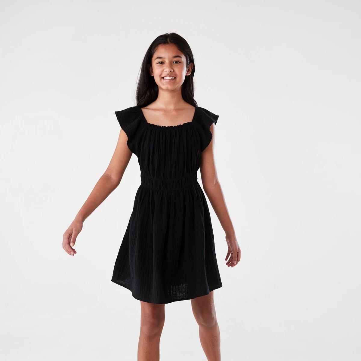 1 Shirred Frill Dress BLACK, 1 of 8