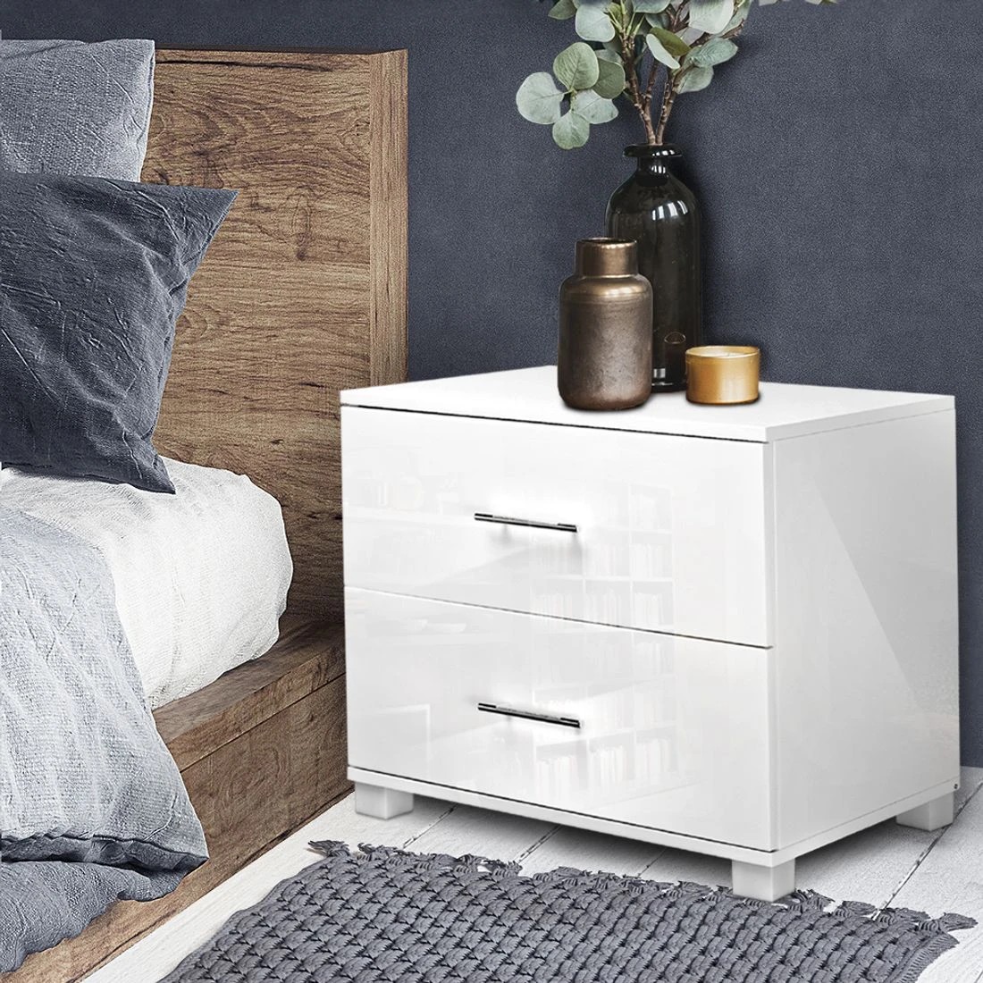 3 Artiss Bedside Table 2 Drawers High Gloss - White, 3 of 10