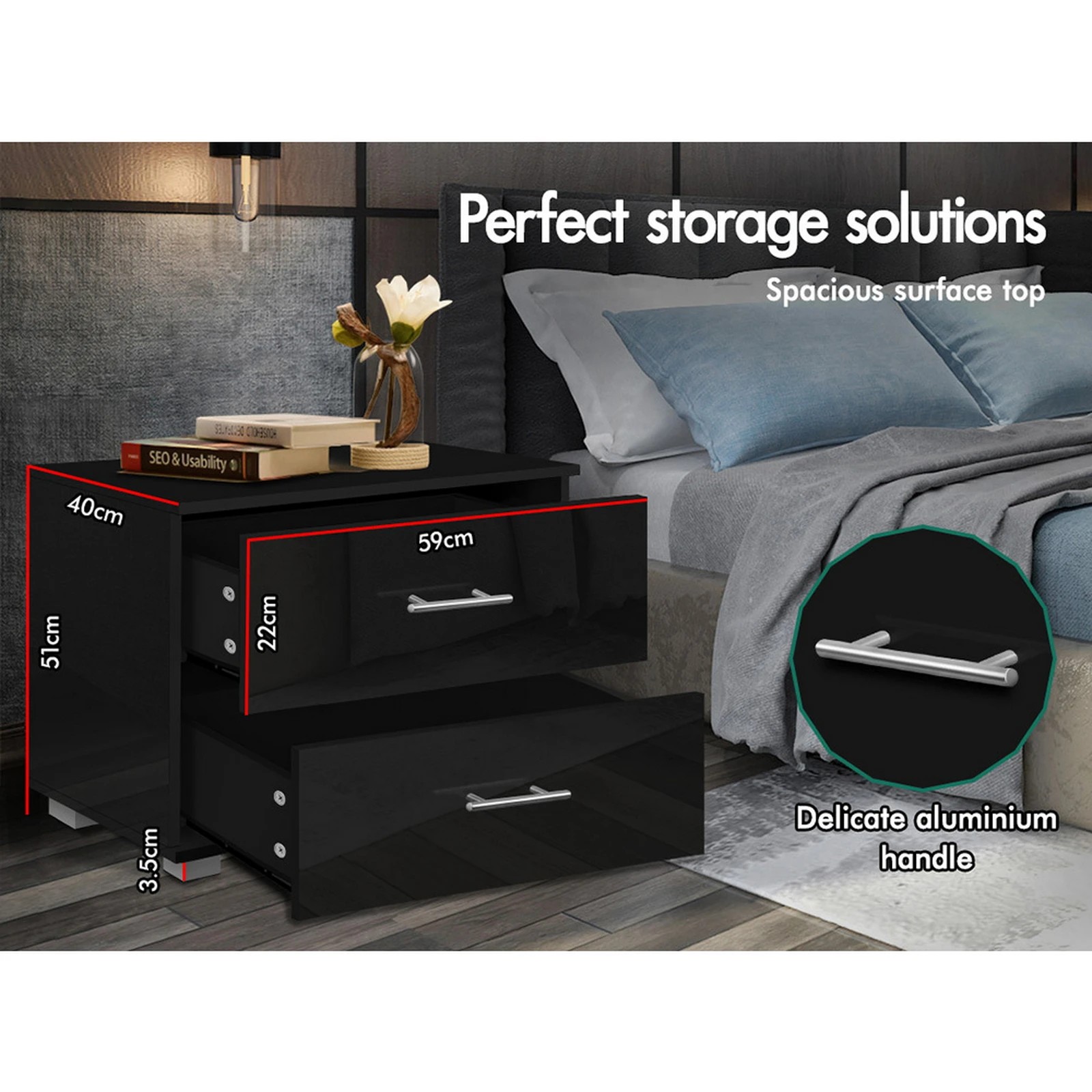 8 Alfordson Bedside Table Nightstand 4 Side High Gloss Side End Table - Black, 8 of 10