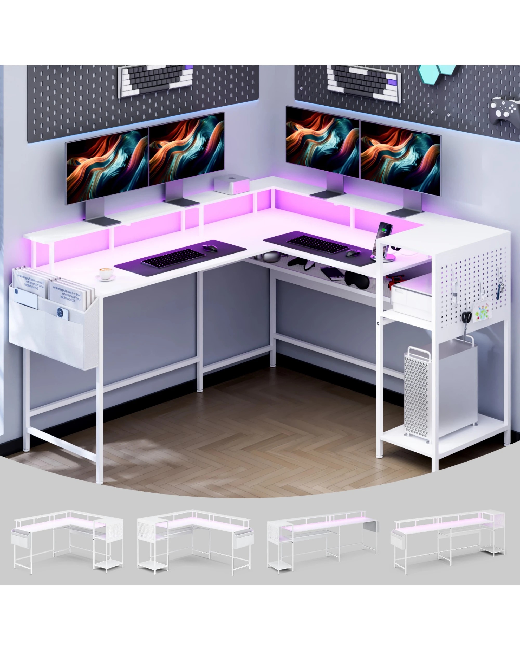 5 Advwin 150cm L Shaped Computer Desk w/ LED Lights & Power Outlets  - White, 5 of 10