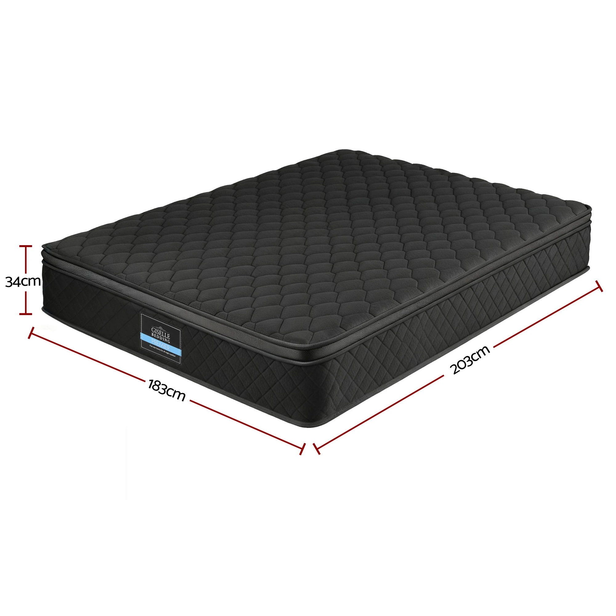 1 Giselle Bedding King Mattress 34cm Euro Top with 5-Zone Pocket Spring Support - King Bed - Black, 1 of 8