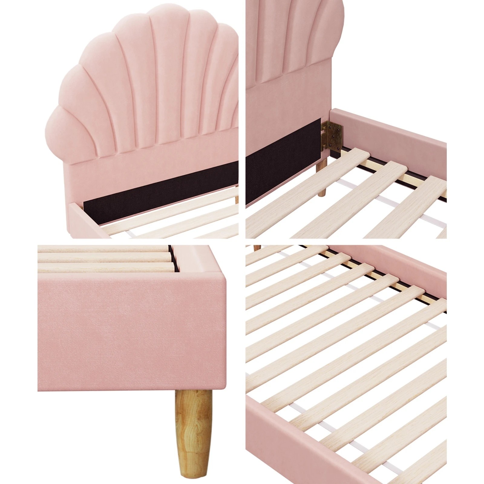 5 Oikiture Single Bed Frame Scallop-shape Bedhead Velvet
 - Pink, 5 of 10